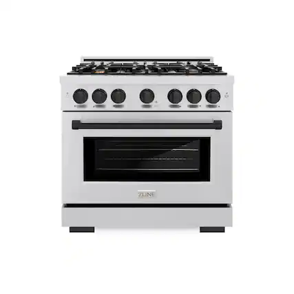Front. ZLINE - ZLINE Autograph 36 in. Freestanding Select Satin Steel Gas Range w/ 6 Burners & Black Accents - Satin Stainless Steel.
