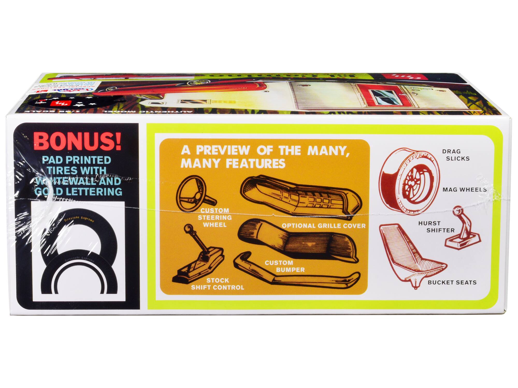 - BONUS! PAD PRINTED TIRES WITH WHITEWALL AND GOLD LETTERING
- A PREVIEW OF THE MANY, MANY FEATURES
  - CUSTOM STEERING WHEEL
  - OPTIONAL GRILLE COVER
  - CUSTOM BUMPER
  - STOCK SHIFT CONTROL
  - BUCKET SEATS
  - DRAG SLICKS
  - MAG WHEELS
  - HURST SHIFTER