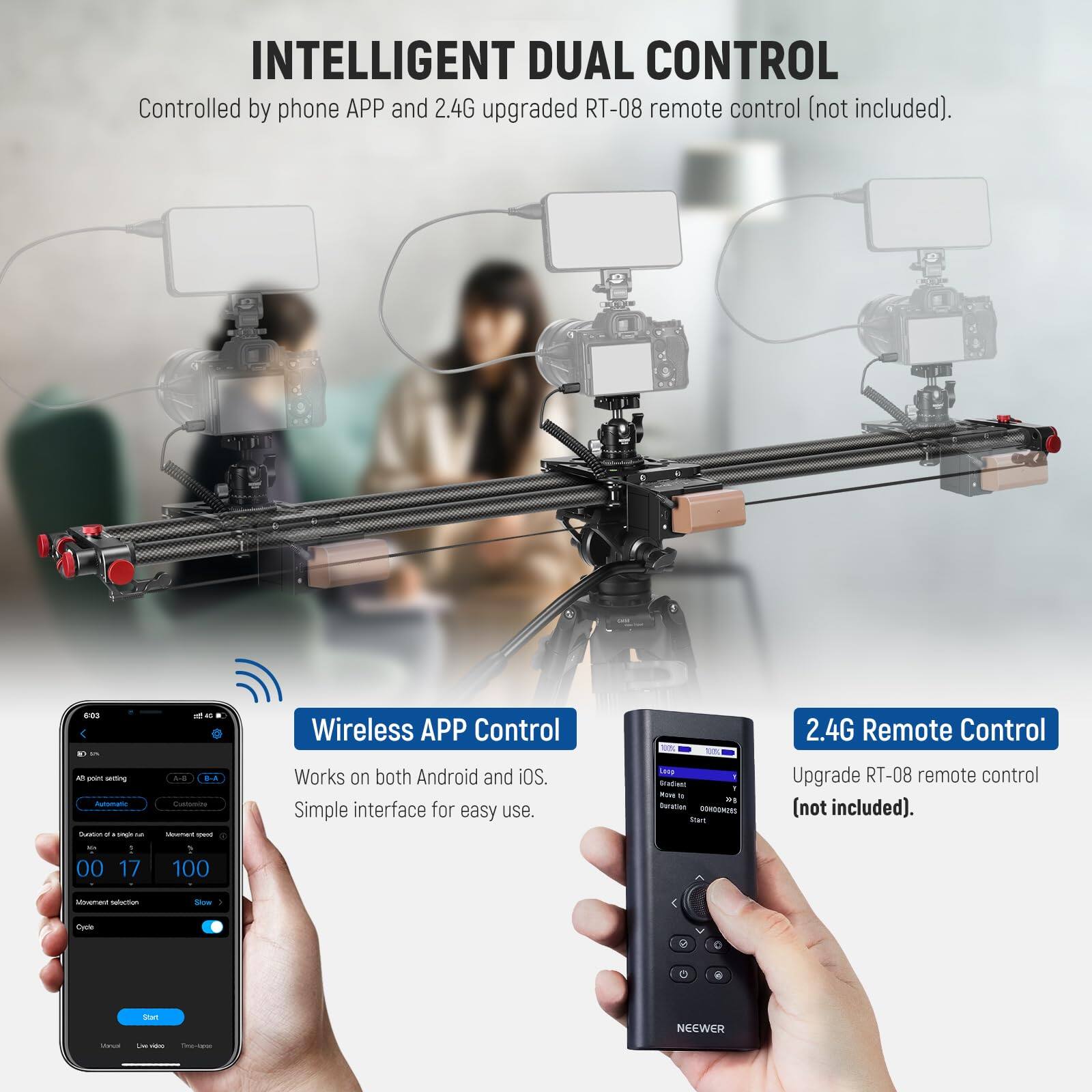 INTELLIGENT DUAL CONTROL  
Controlled by phone APP and 2.4G upgraded RT-08 remote control (not included).

Wireless APP Control  
Works on both Android and iOS.  
Simple interface for easy use.

2.4G Remote Control  
Upgrade RT-08 remote control (not included).