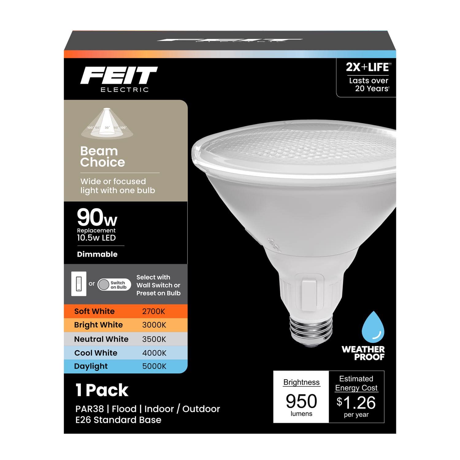 FEIT ELECTRIC - Feit PAR38 E26 (Medium) LED Bulb Adjustable White 90 Watt Equivalence 1 pk