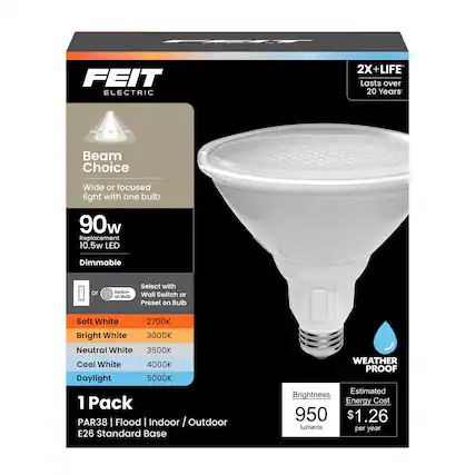 FEIT ELECTRIC
2X + LIFE
Lasts over 20 Years
Beam Choice
Wide or focused light with one bulb
90w Replacement 10.5w LED
Dimmable
Select with Wall Switch or Preset on Bulb
Soft White 2700K
Bright White 3000K
Neutral White 3500K
Cool White 4000K
Daylight 5000K
1 Pack
PAR38 | Flood | Indoor / Outdoor
E26 Standard Base
WEATHER PROOF
Brightness: 950 lumens
Estimated Energy Cost: $1.26 per year