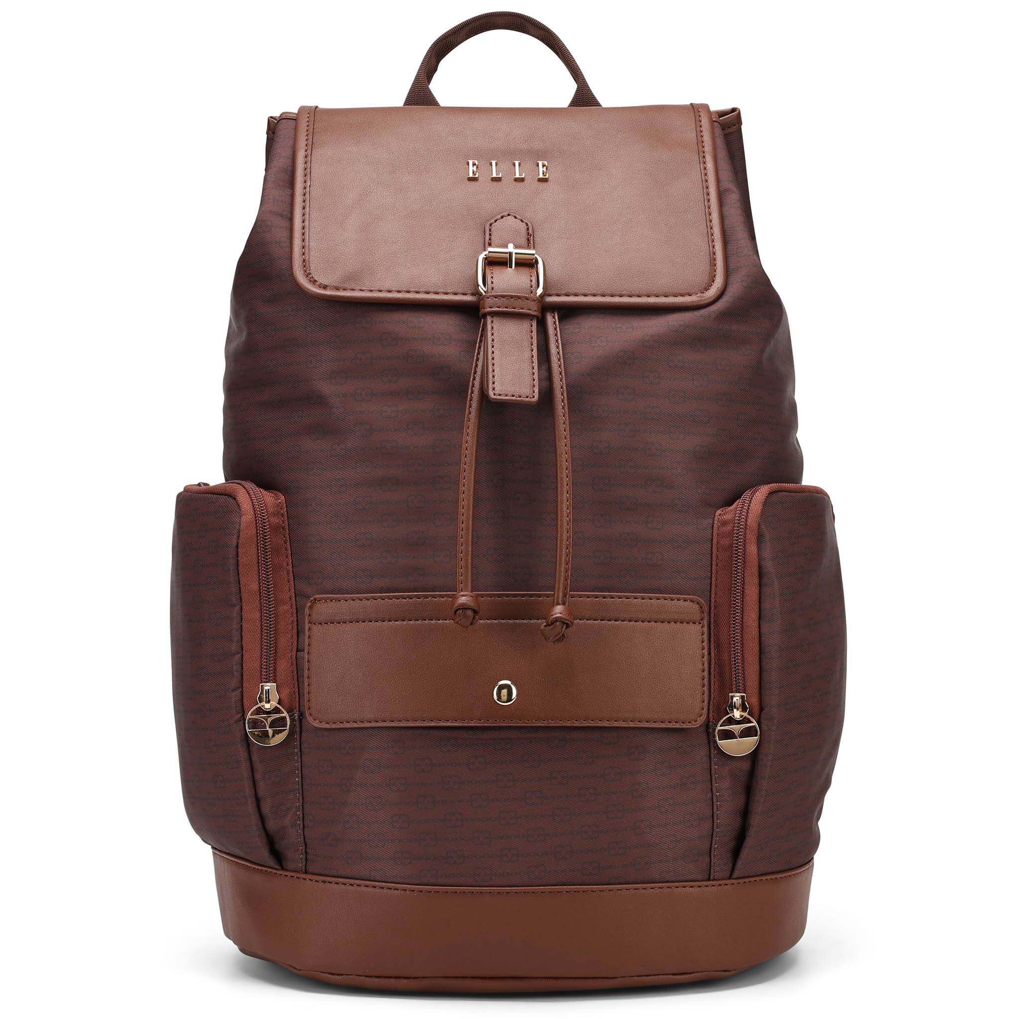 Front. Elle - ELLE Eleganza 25L Monogram Backpack - Brown - Brown.