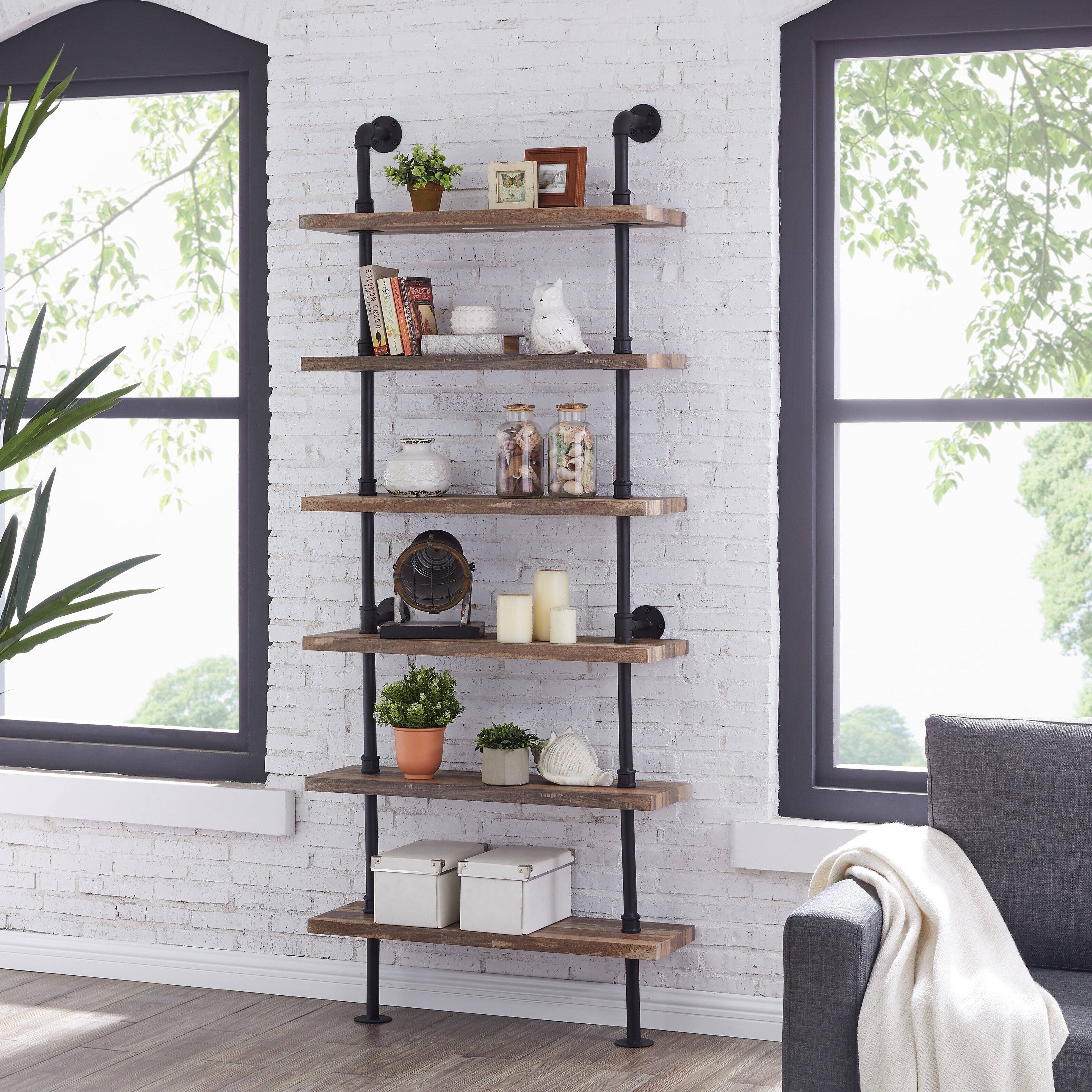 Angle. Danya B - Industrial 6-Tier Iron Pipe Wall Ladder Shelf in Distressed Wood Finish - Brown.