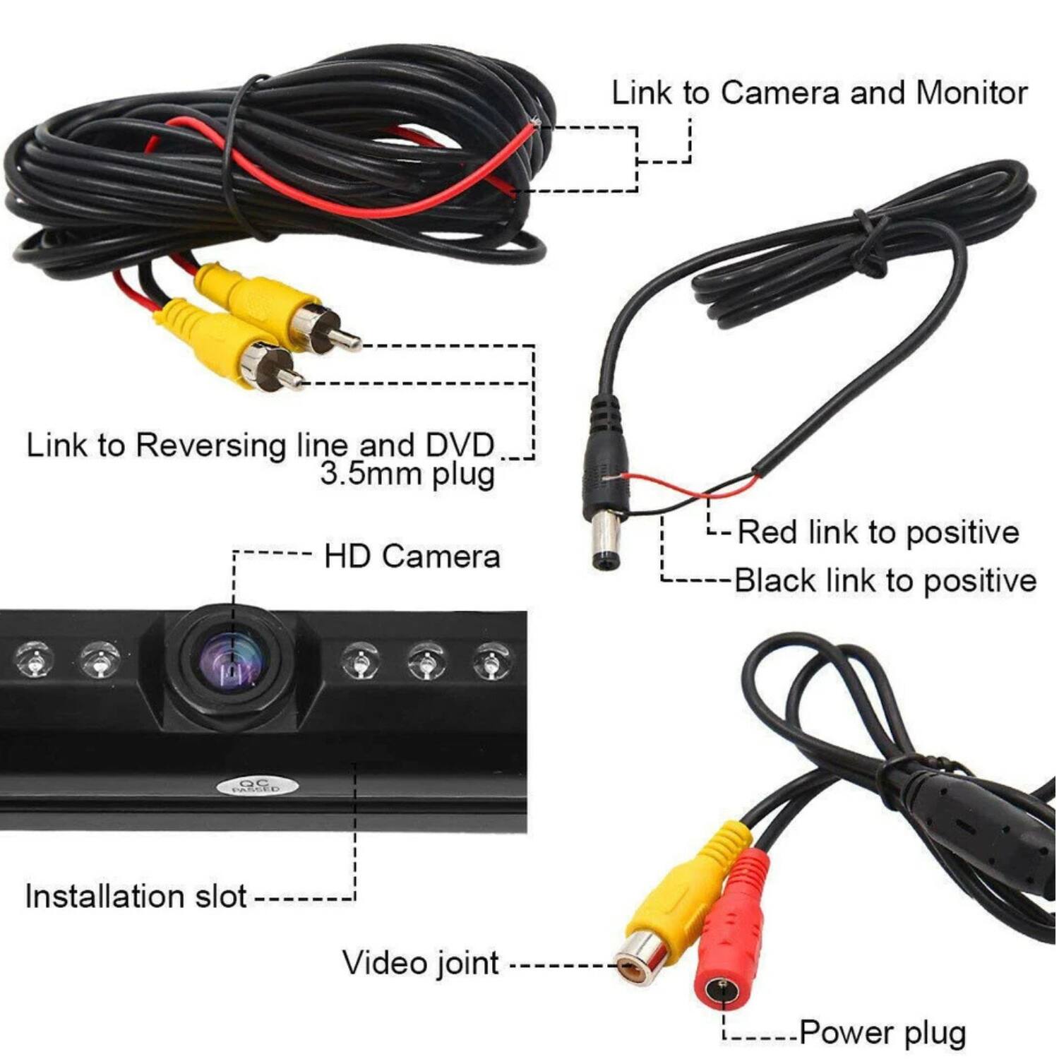 - Link to Camera and Monitor
- Link to Reversing line and DVD 3.5mm plug
- HD Camera
- Installation slot
- Video joint
- Power plug
- Red link to positive
- Black link to positive