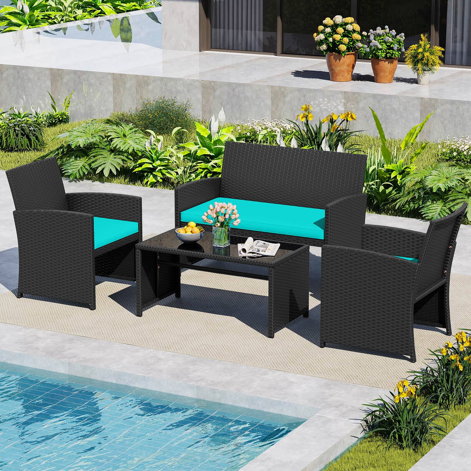 Alt View 1. Costway - Costway 4 PCS Patio Conversation Set with Seat Cushions & Tempered Glass Tabletop, Porch - Turquoise,Black.