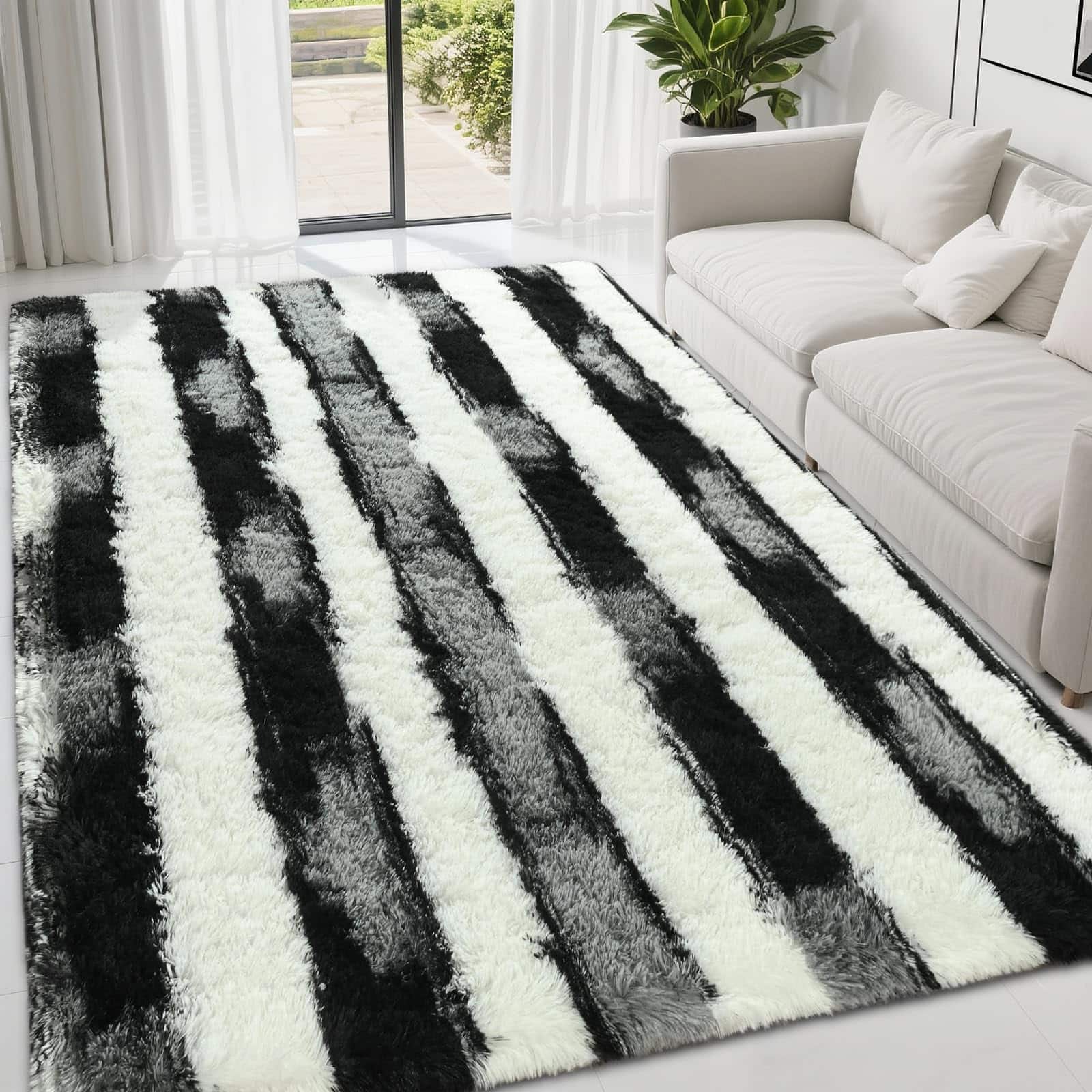 Fabibe - Fluffy Area Rugs For Bedroom Living Room 4x6 Black And Grey Soft Plush Striped Rug - D-black White-5' x 7' (Rectangular)