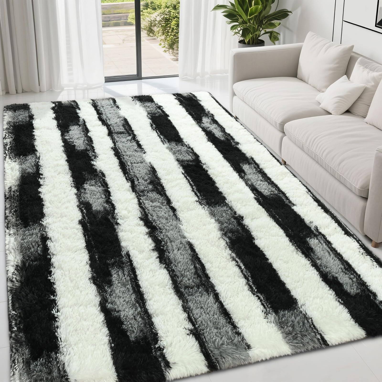 Fabibe - Fluffy Area Rugs For Bedroom Living Room 4x6 Black And Grey Soft Plush Striped Rug - D-black White-5' x 7' (Rectangular)