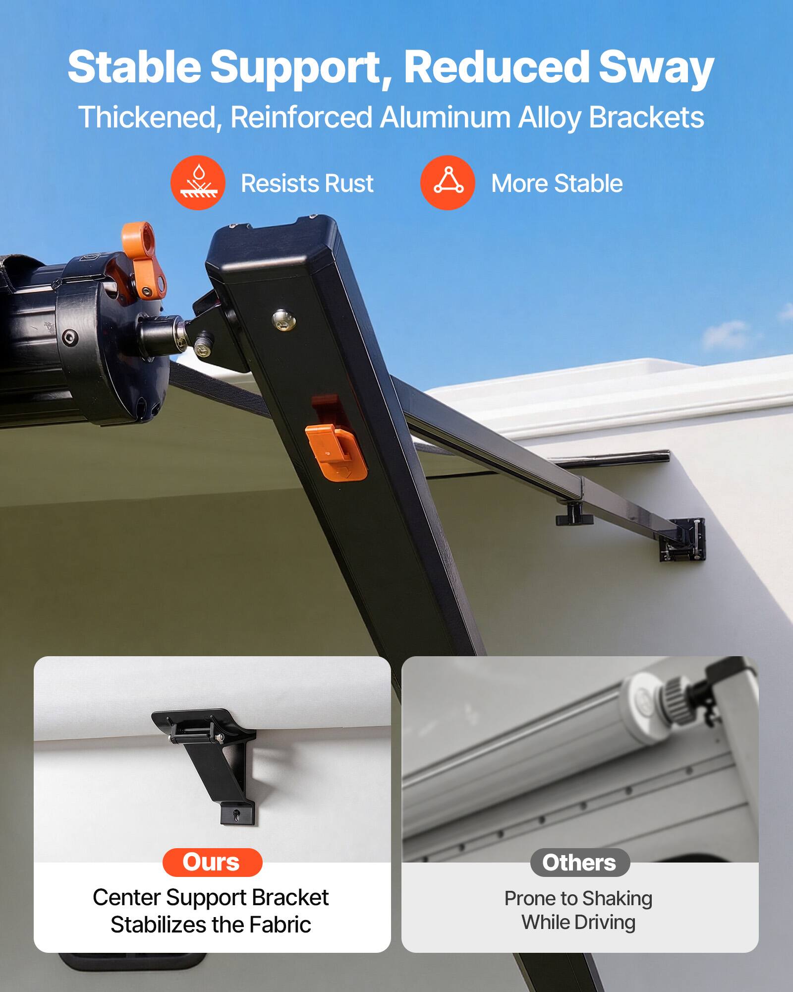 Stable Support, Reduced Sway  
Thickened, Reinforced Aluminum Alloy Brackets  
Resists Rust  
More Stable  

Ours  
Center Support Bracket Stabilizes the Fabric  

Others  
Prone to Shaking While Driving