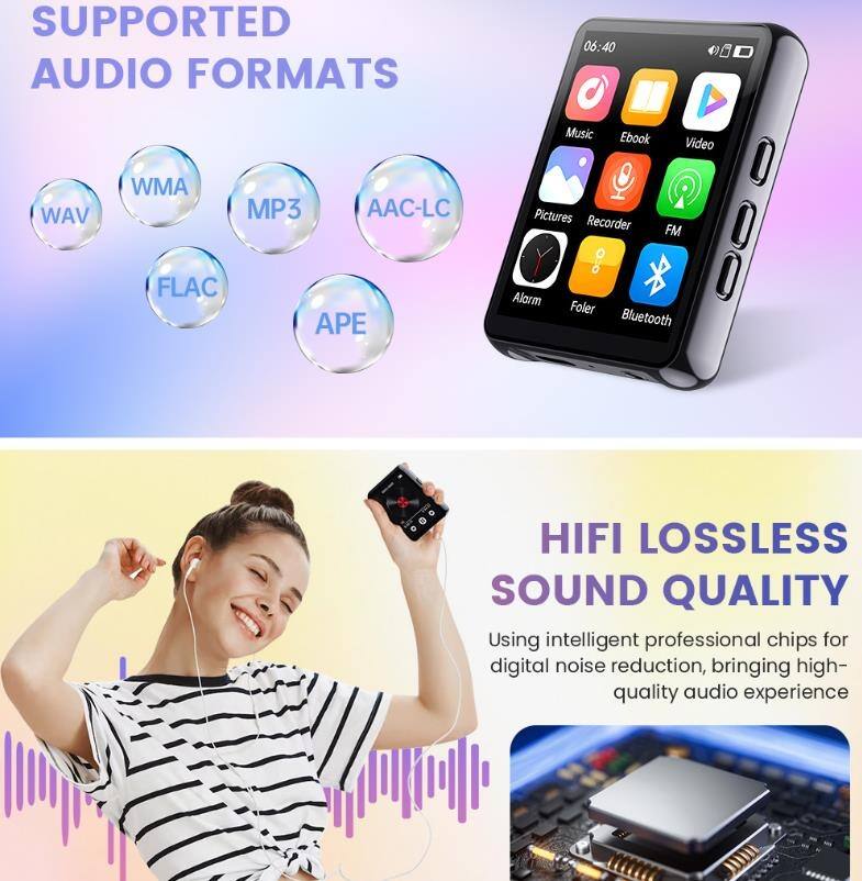 **SUPPORTED AUDIO FORMATS**  
- WAV  
- WMA  
- MP3  
- AAC-LC  
- FLAC  
- APE  

**HIFI LOSSLESS SOUND QUALITY**  
Using intelligent professional chips for digital noise reduction, bringing high-quality audio experience.