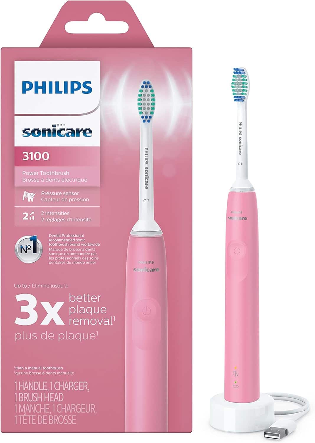 Philips - Sonicare 3100 Electric Toothbrush with Pressure Sensor, Deep HX3681/06 - Pink