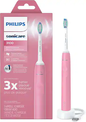 PHILIPS sonicare 3100 Power Toothbrush
Brosse à dents électrique
Pressure sensor
Capteur de pression
PHILIPS sonicare C7
PHILIPS sonicare C1
2 intensities
2 réglages d'intensité
PROS sonicare
Dental Professional recommended
sonic toothbrush brand worldwide
Marque de brosse à dents sonique recommandée par les professionnels des soins dentaires du monde entier
PHILIPS sonicare Up
Elimine jusqu'à 3x better plaque removal
plus de plaque1 than a manual toothbrush qu'une brosse à dents manuelle
1 HANDLE, 1 CHARGER, 1 BRUSH HEAD
1 MANCHE, 1 CHARGEUR, 1 TÊTE DE BROsse