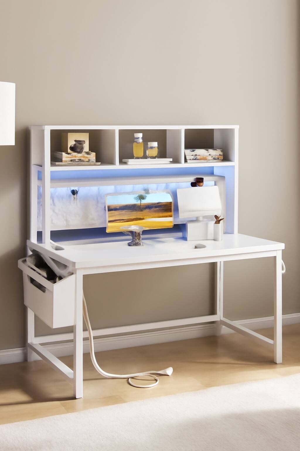 Front. Zell Electronics - 47" White Desk with Hutch, Pegboard, Power Outlets, Hooks & Side Storage Bag – Perfect for Bedroom or Office - White.