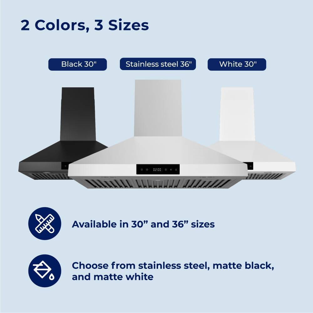 2 Colors, 3 Sizes

- Black 30"
- Stainless steel 36"
- White 30"

Available in 30" and 36" sizes

Choose from stainless steel, matte black, and matte white
