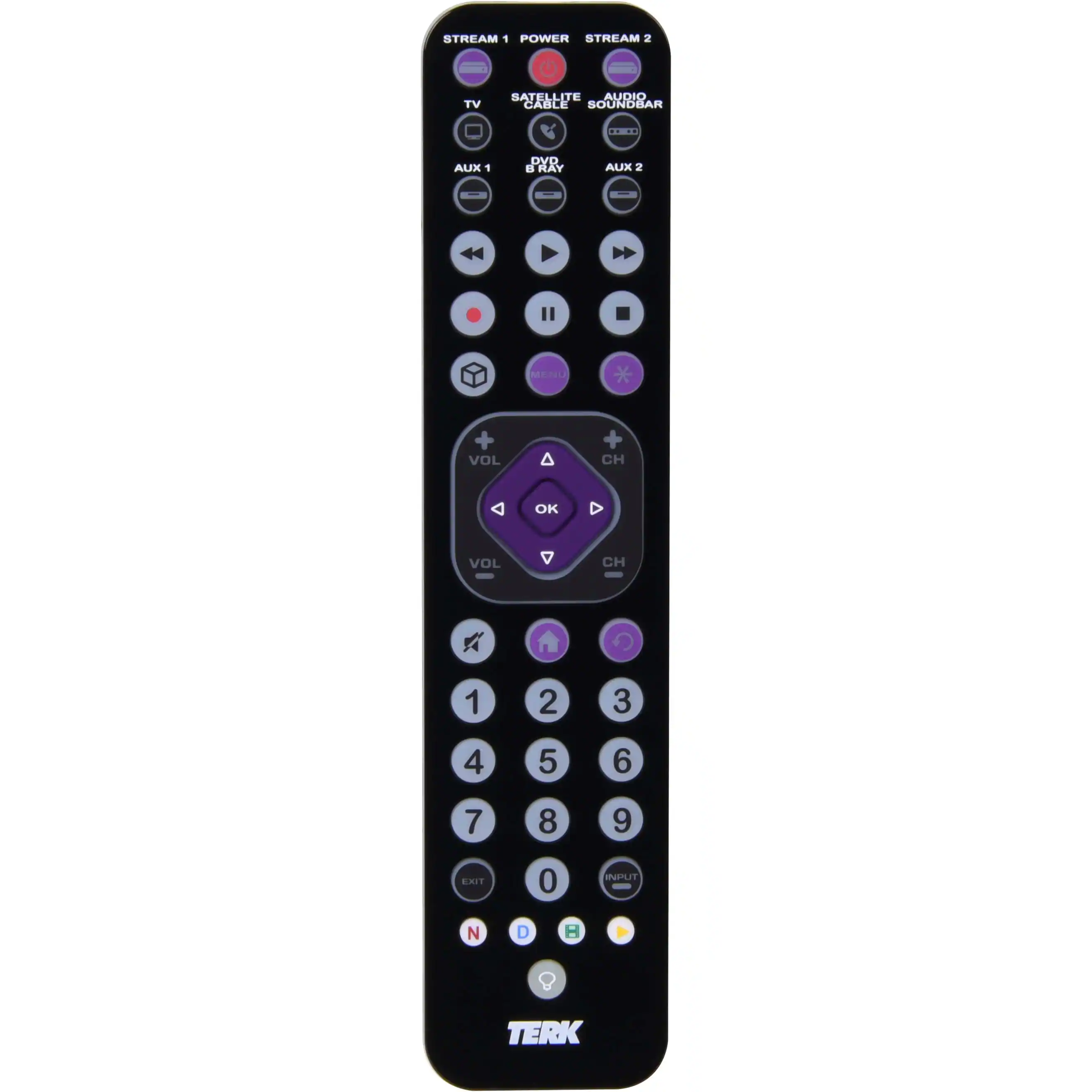 Front. TERK - Rechargeable 8-Device Backlit Universal Remote - Black.