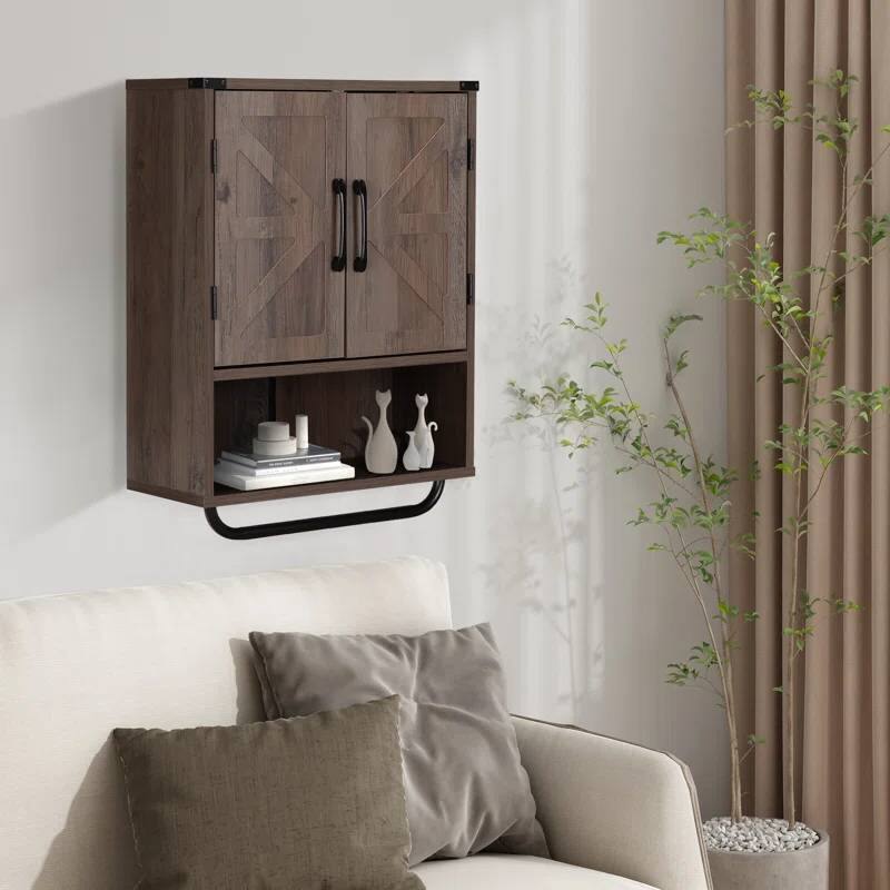 Left. Hivvago - Farmhouse Bathroom Wall Cabinet with Towel Bar in Taupe Grey Brown Wood Finish - Brown.