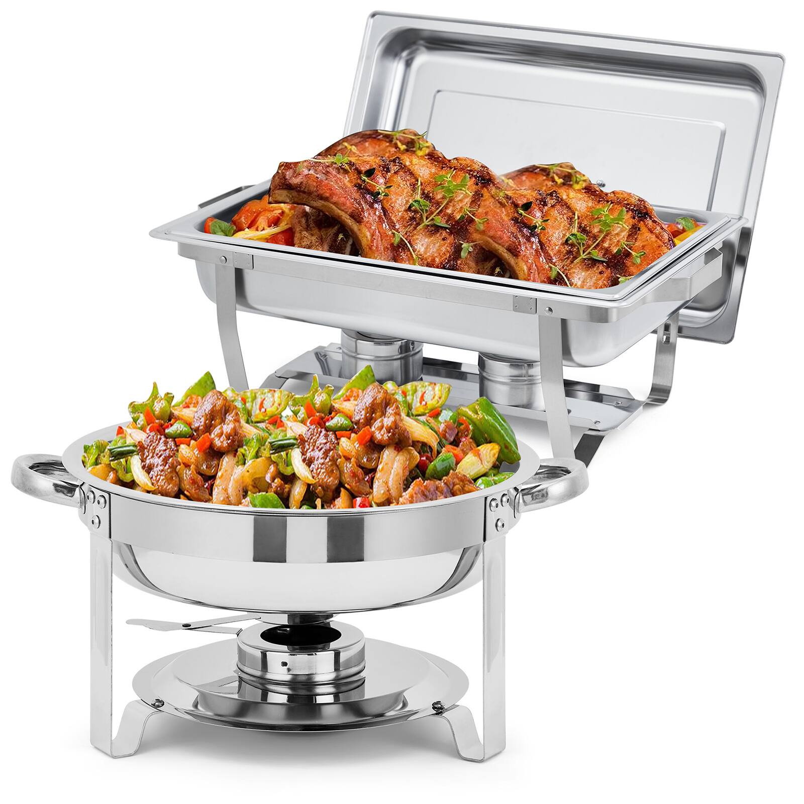 Back. GARVEE - 2 Pack Chafing Dish Buffet Set, 8 Qt Rectangle & 5 Qt Round Stainless Steel Chafers and Food Warmer Sets with Lid - Silver.