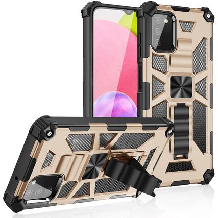 Front. Reiko - Built-In Kickstand Tpu Case With Magnetic Mount For Samsung Galaxy A02S In Gold - Gold.
