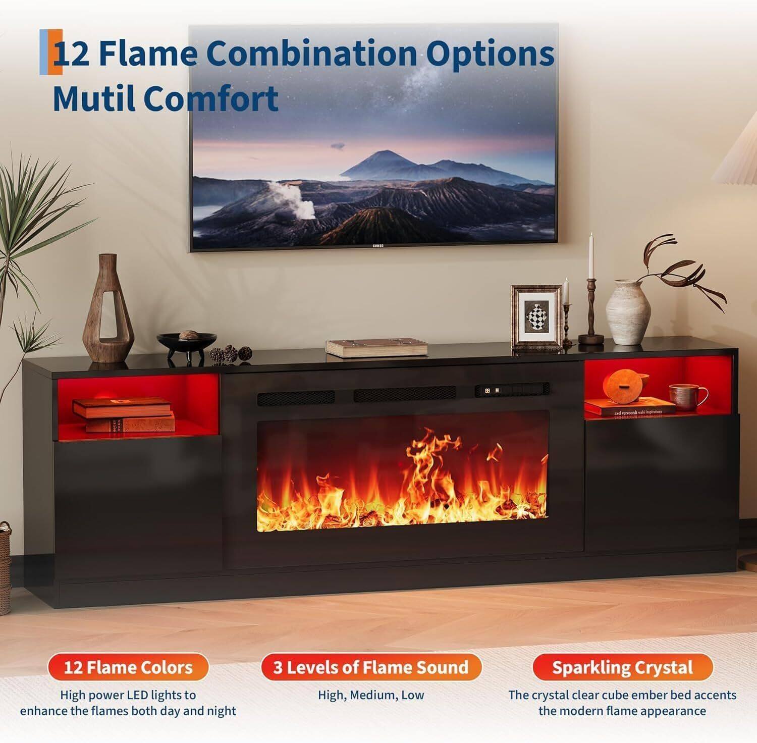 12 Flame Combination Options  
Mutil Comfort

12 Flame Colors  
High power LED lights to enhance the flames both day and night

3 Levels of Flame Sound  
High, Medium, Low

Sparkling Crystal  
The crystal clear cube ember bed accents the modern flame appearance