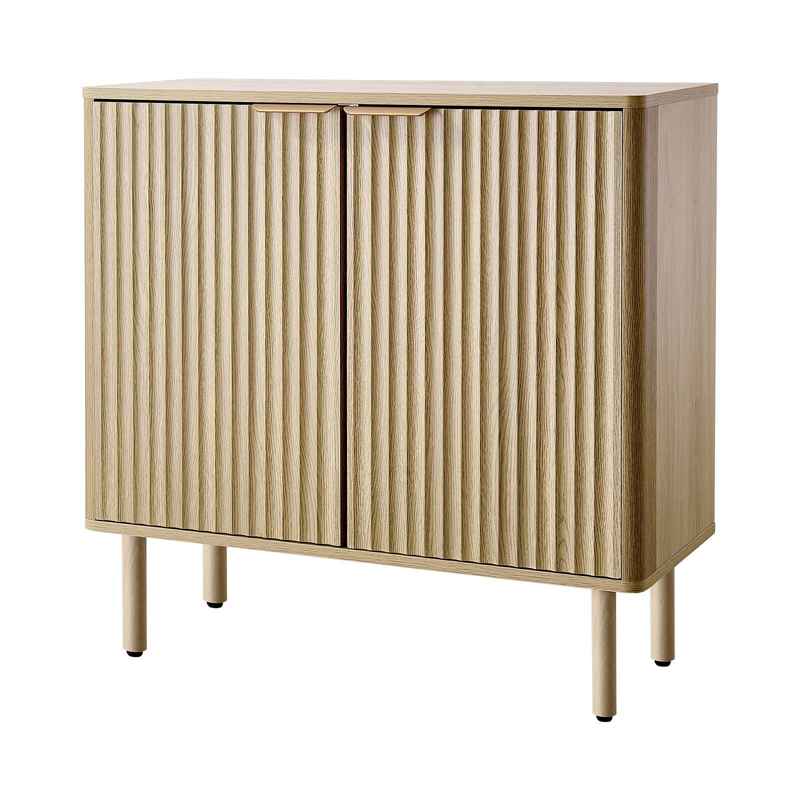 Alt View 5. VEVOR - Coffee Bar Cabinet, Mid Century Fluted Coffee Bar Table with 2-Tier Storage, Buffet Stand Cabinet with 2 Barn Door - Oak.