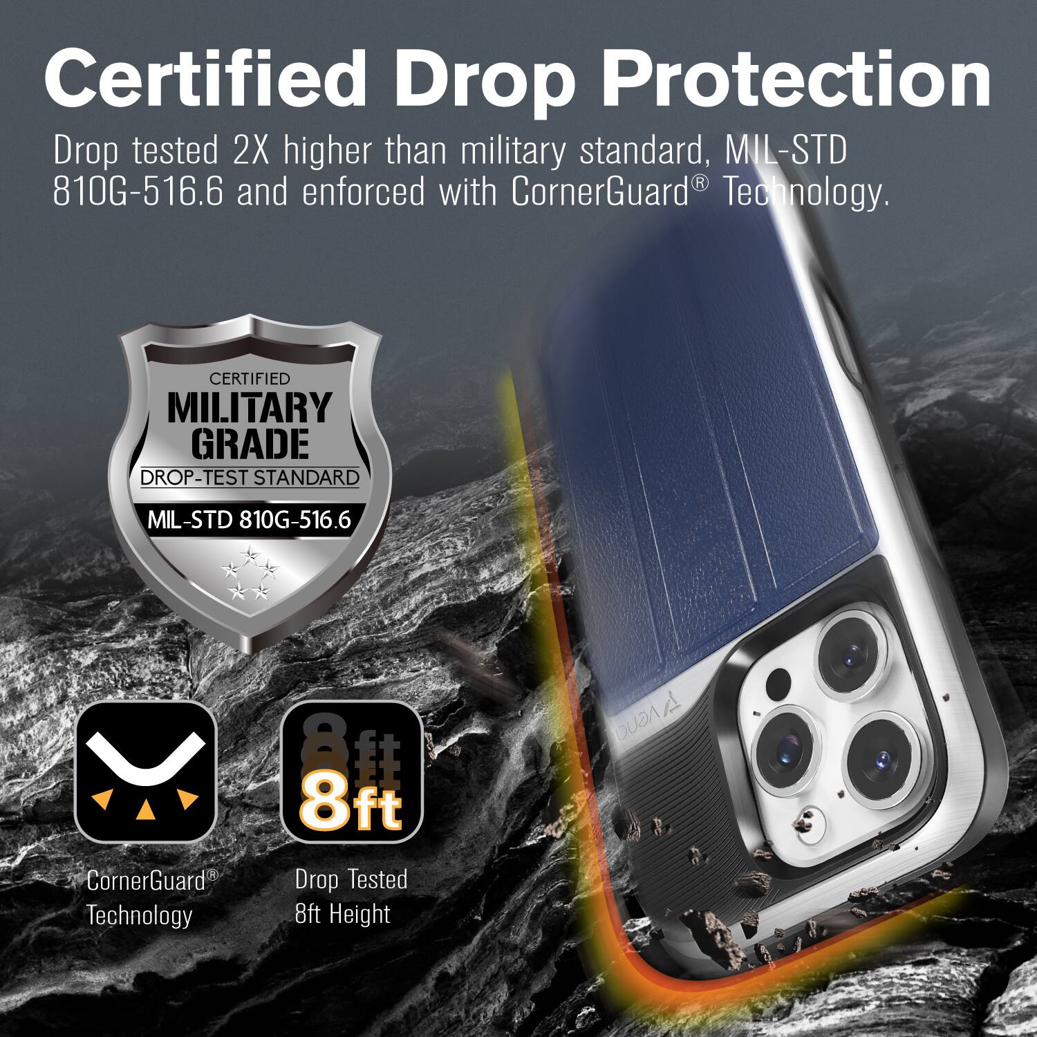Certified Drop Protection, Drop tested 2X higher than military standard, MIL-STD 810G-516.6 and enforced with CornerGuard Technology. CERTIFIED MILITARY GRADE DROP-TEST STANDARD MIL-STD 810G-516.6 CornerGuard Technology 8ft Drop Tested 8ft Height
