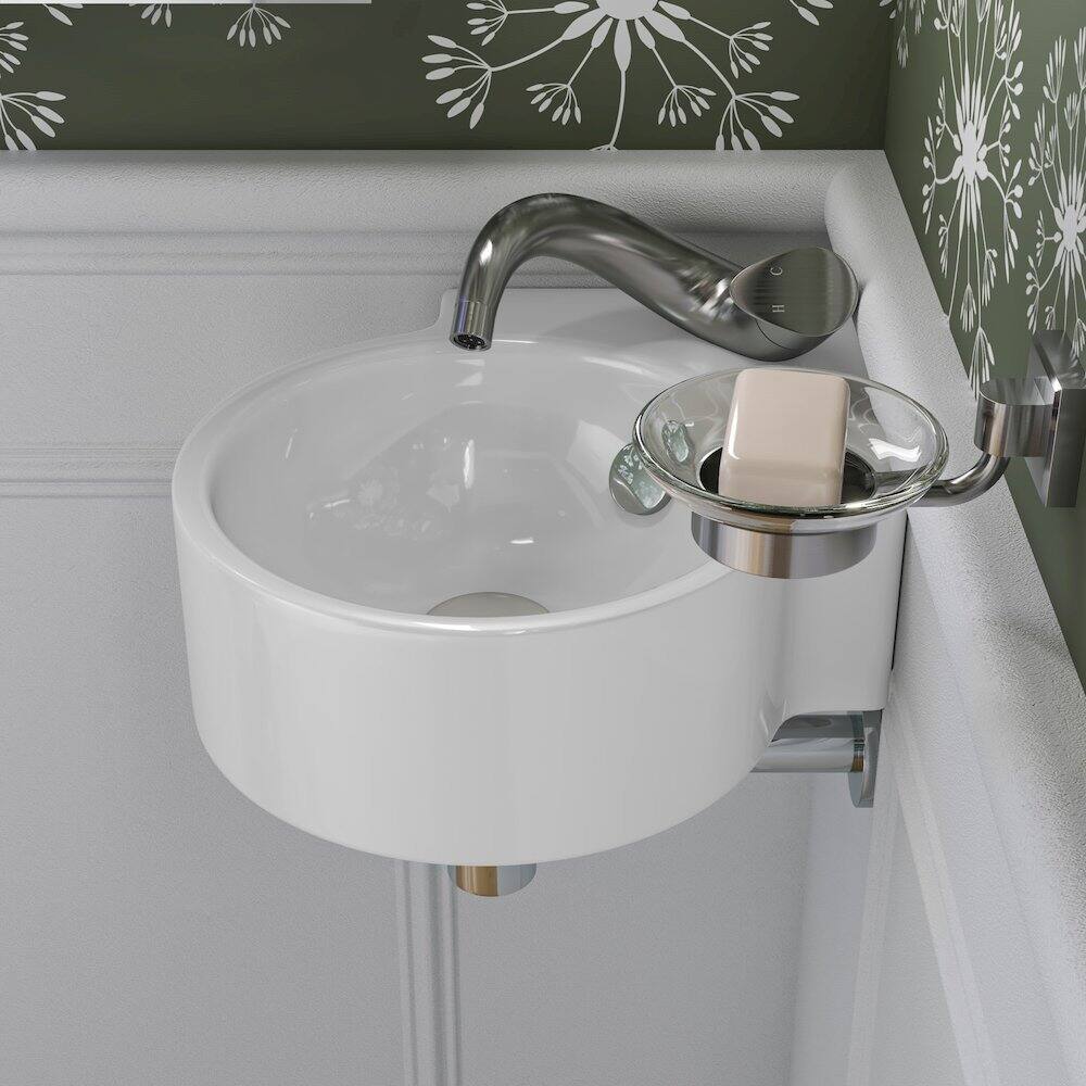 Left. Alfi - White 17" Tiny Corner Wall Mounted Ceramic Sink with Faucet Hole - White.