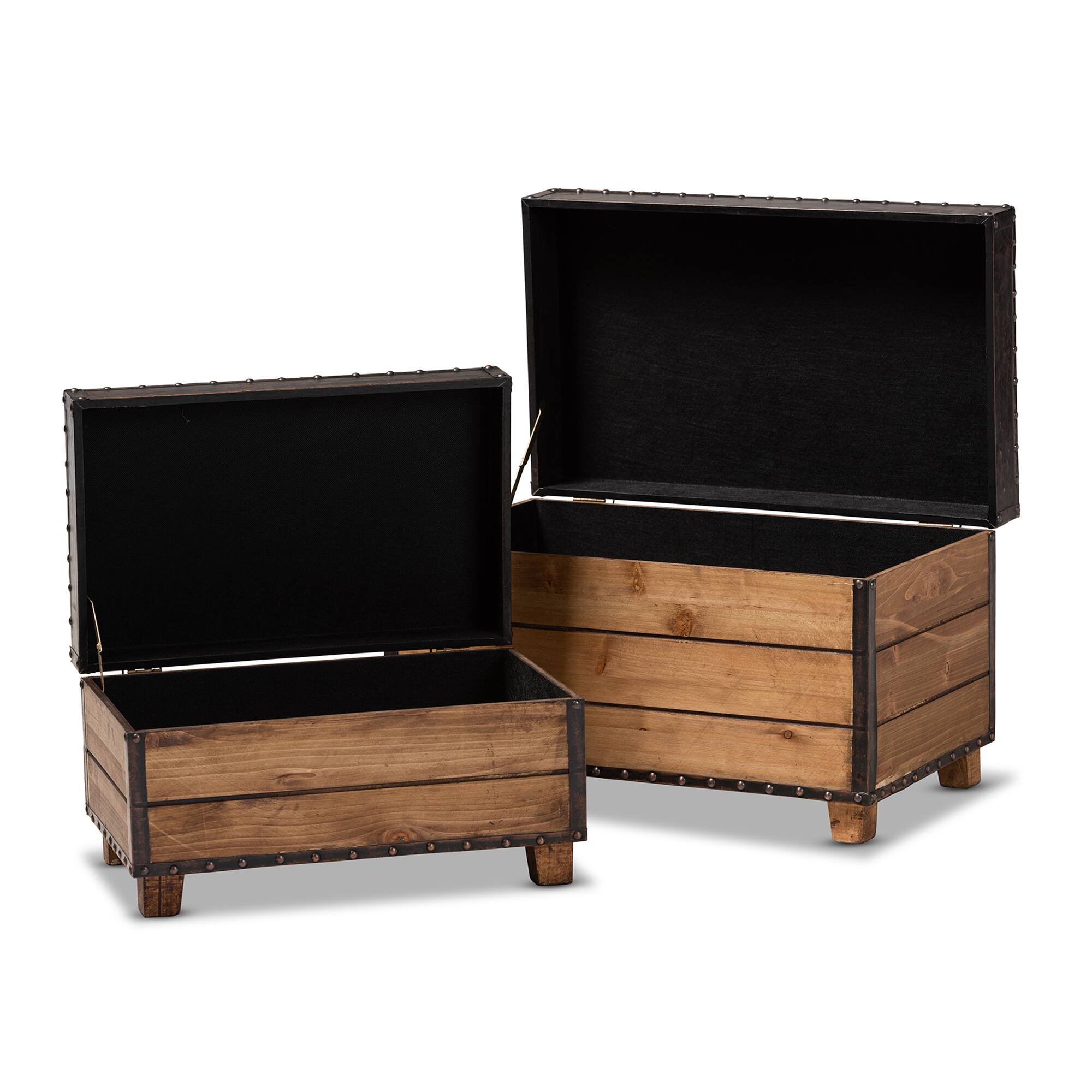 Angle. Baxton Studio - Marelli Rustic Faux Leather Upholstered 2-Piece Wood Storage Trunk Ottoman Set - Dark Brown/Golden Oak.