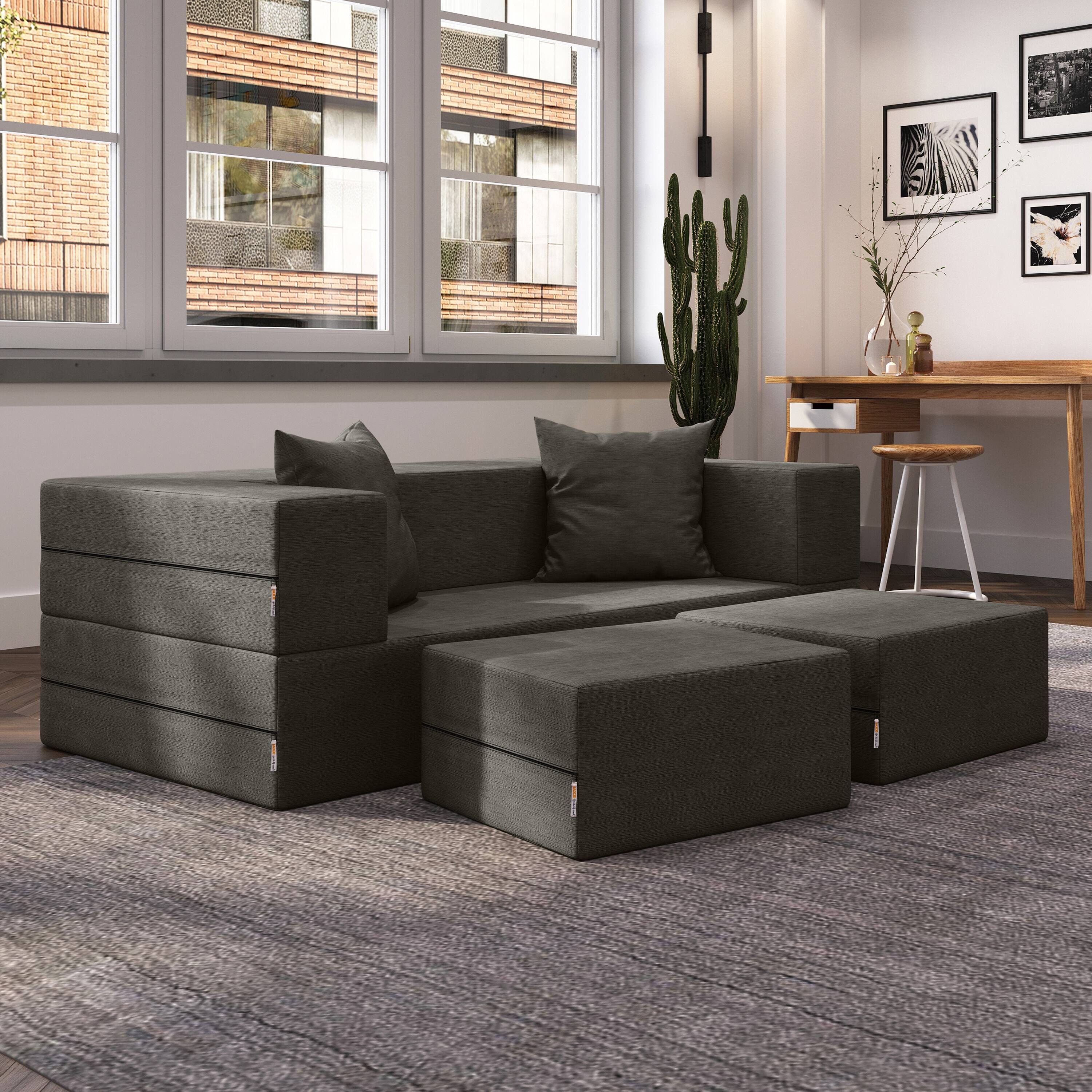 Left. Jaxx - Jaxx Zipline Convertible Sleeper Loveseat & Ottomans, Textured Microvelvet - Charcoal - Charcoal.
