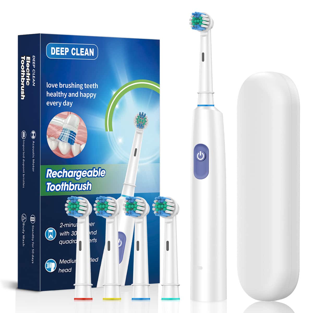 Cluzine - Rotary Round Head Electric Toothbrush Auto Sonic Soft Bristle IPX7 Waterproof 5 Modes with 4 Brush Heads - White