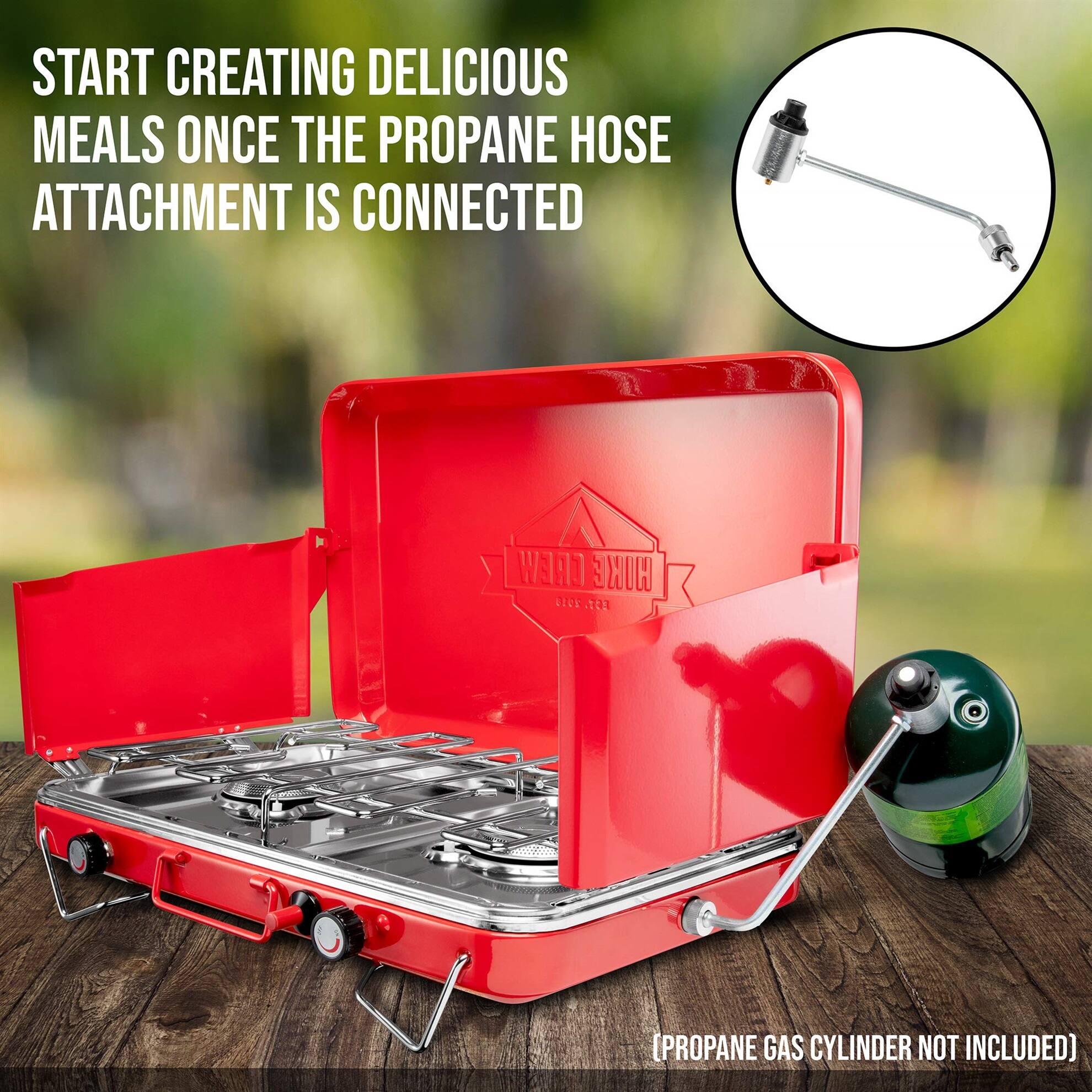 START CREATING DELICIOUS MEALS ONCE THE PROPANE HOSE ATTACHMENT IS CONNECTED

[PROPANE GAS CYLINDER NOT INCLUDED]