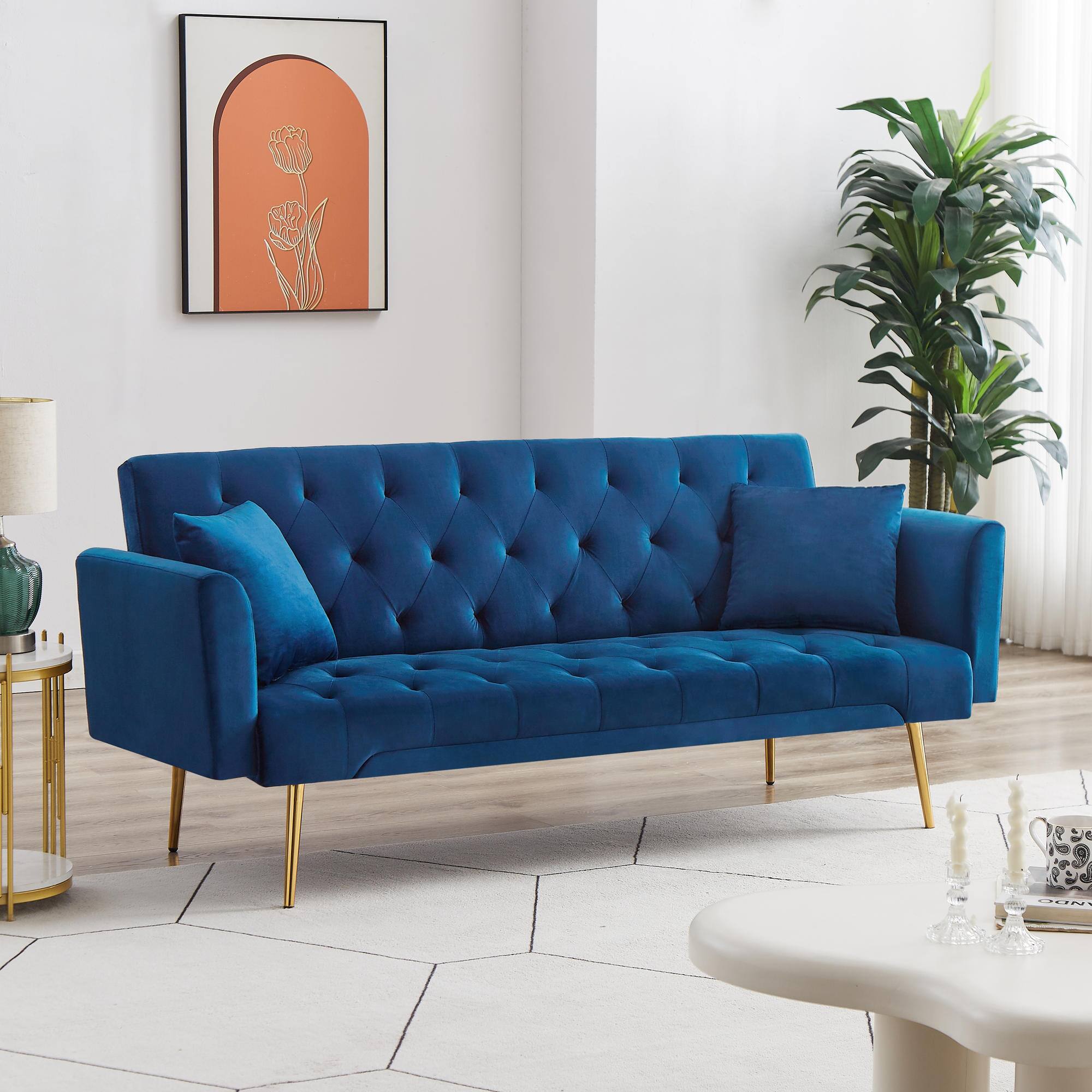 Alt View 2. Meqiodas - Convertible Sofa Bed Modern Futon Set, Velvet Foldable Reclining Loveseat, Three Adjustment Angles, Easy Assembly - BLUE.
