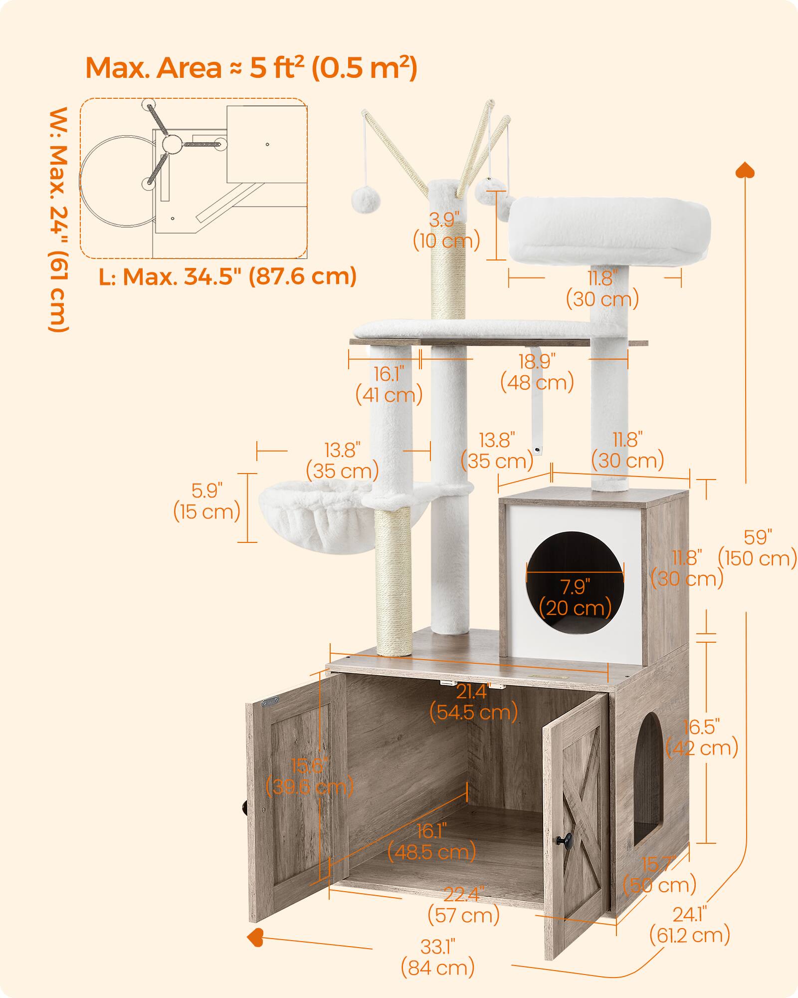Max. Area ≈ 5 ft² (0.5 m²)  
W: Max. 24" (61 cm)  
L: Max. 34.5" (87.6 cm)  
3.9" (10 cm)  
11.8" (30 cm)  
18.9" (48 cm)  
16.1" (41 cm)  
5.9" (15 cm)  
13.8" (35 cm)  
13.8" (35 cm)  
59" (150 cm)  
7.9" (20 cm)  
15.6" (39.6 cm)  
21.4" (54.5 cm)  
16.5" (42 cm)  
16.1" (48.5 cm)  
22.4" (57 cm)  
33.1" (84 cm)  
15.7" (50 cm)  
24.1" (61.2 cm)