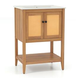 Gymax - 24'' Bathroom Vanity w/ Sink 2 Rattan Doors & Open Slatted Shelf Freestanding - White