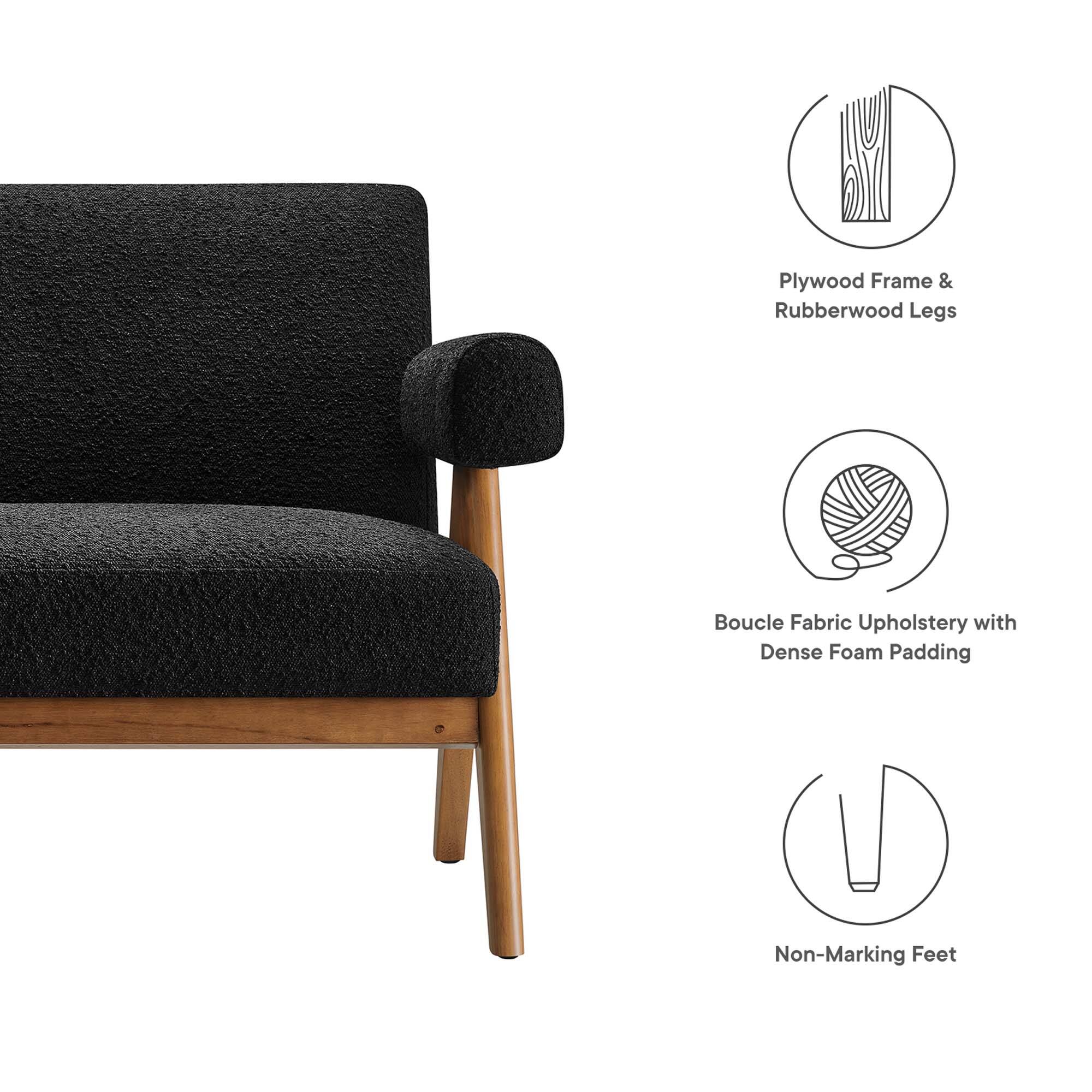 Plywood Frame & Rubberwood Legs  
Boucle Fabric Upholstery with Dense Foam Padding  
Non-Marking Feet