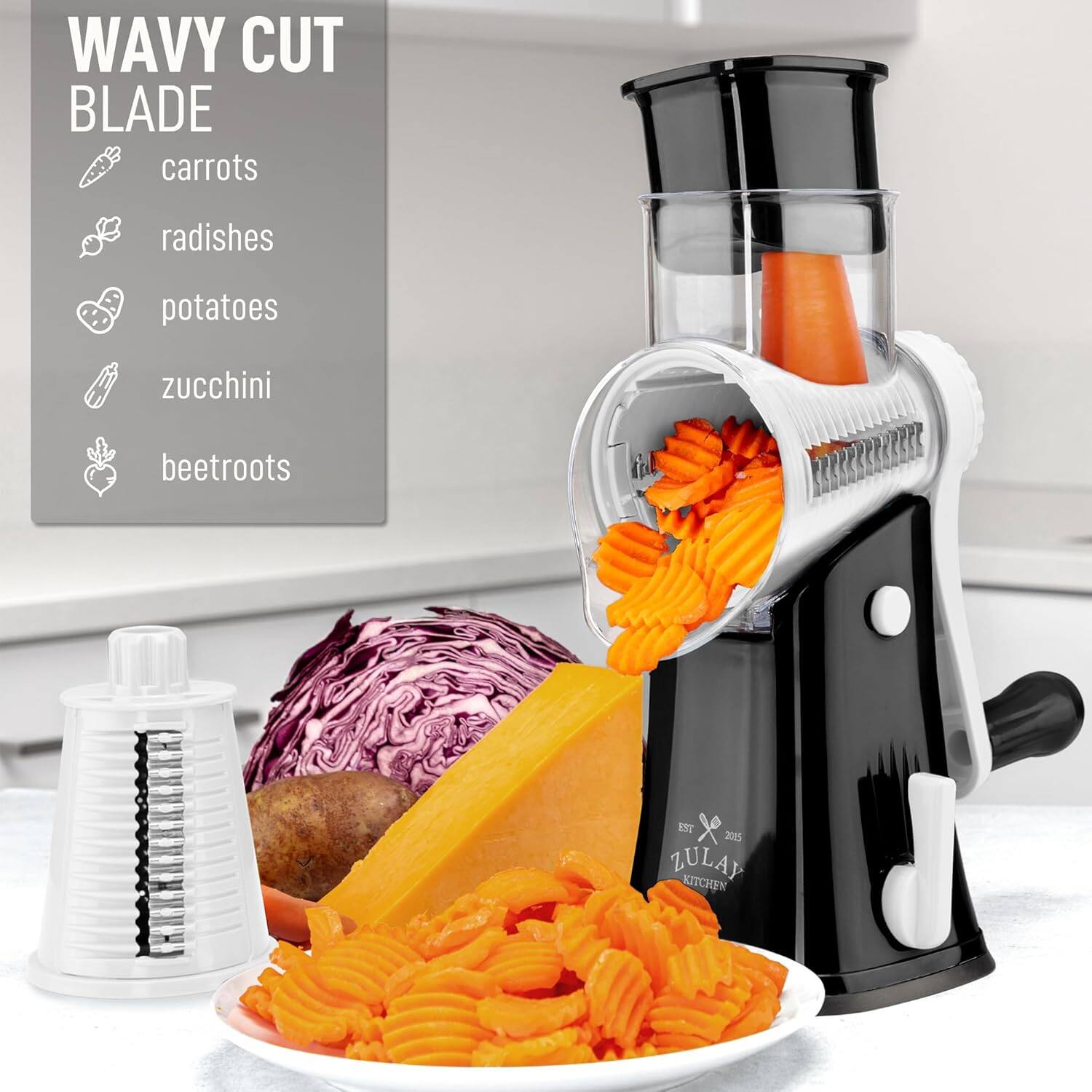 WAVY CUT BLADE

- carrots
- radishes
- potatoes
- zucchini
- beetroots

EST 2015 ZULAY KITCHEN