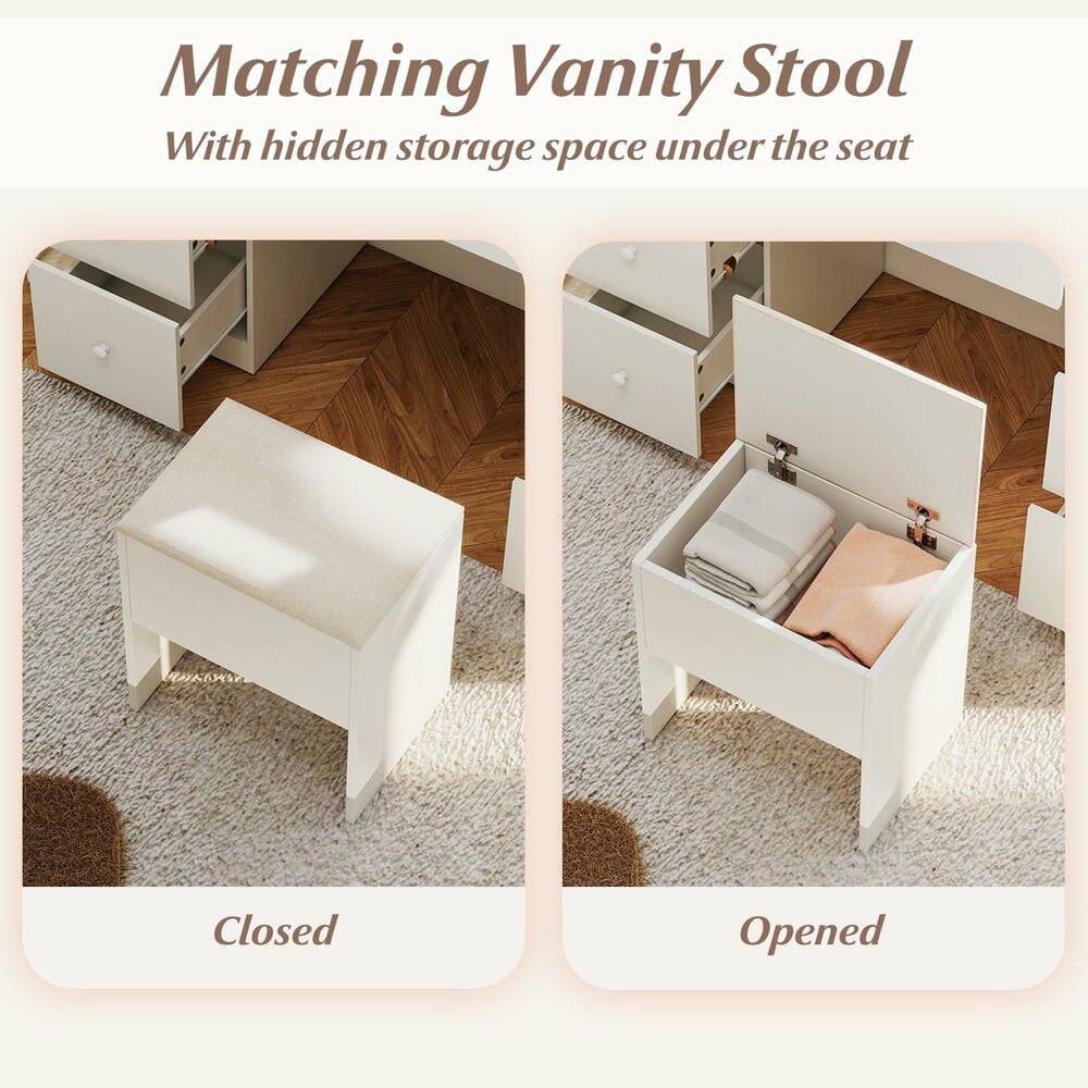 Matching Vanity Stool  
With hidden storage space under the seat  

Closed  
Opened