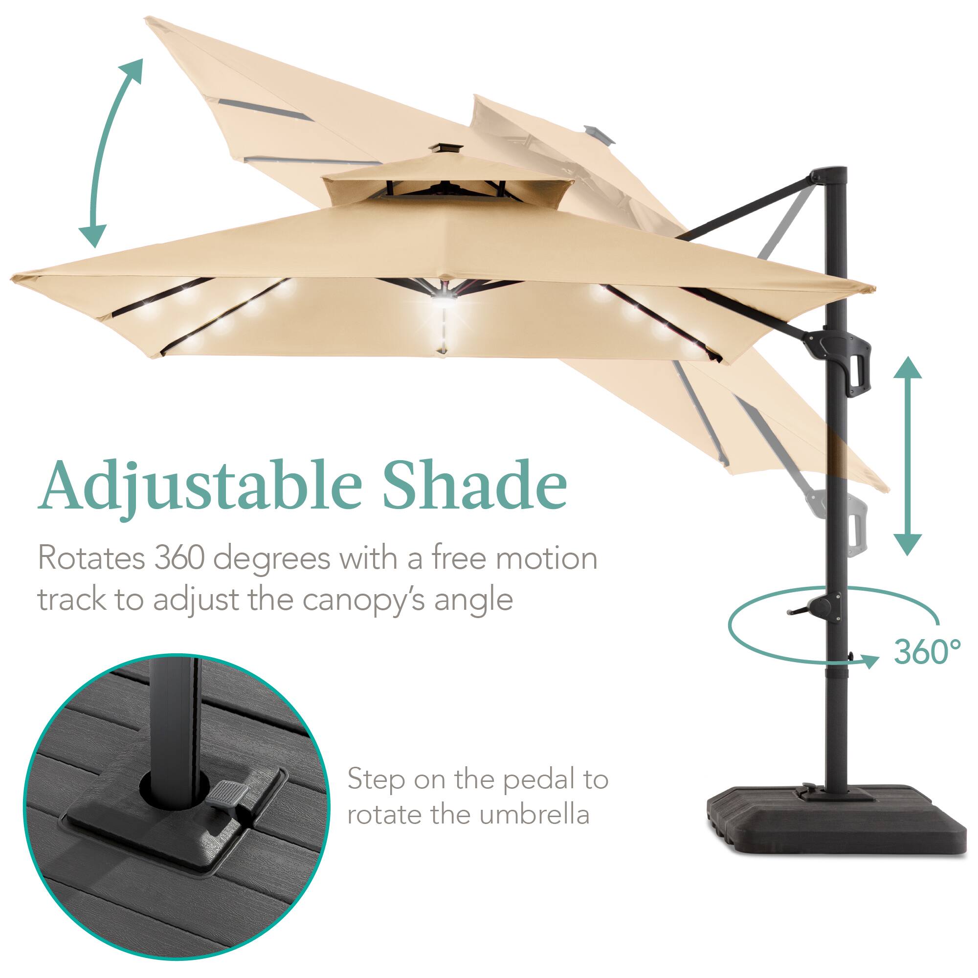Adjustable Shade  
Rotates 360 degrees with a free motion track to adjust the canopy's angle  
Step on the pedal to rotate the umbrella