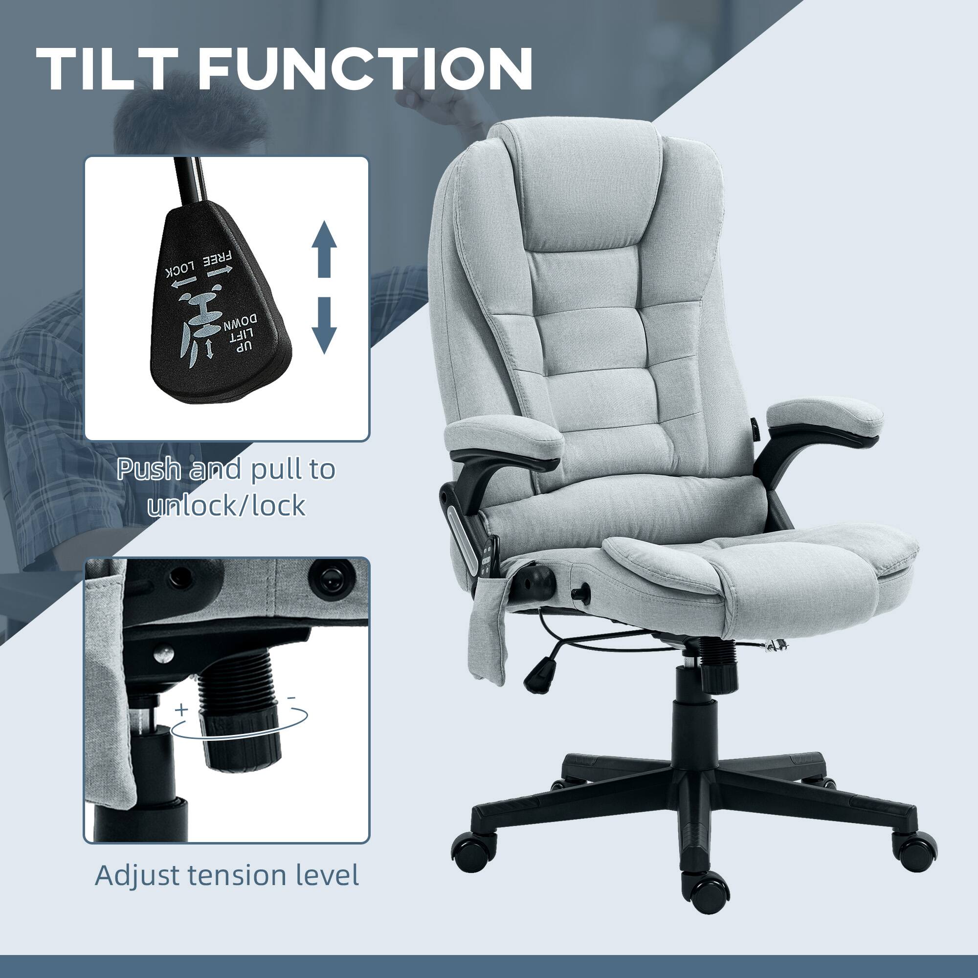 TILT FUNCTION

Push and pull to unlock/lock

Adjust tension level