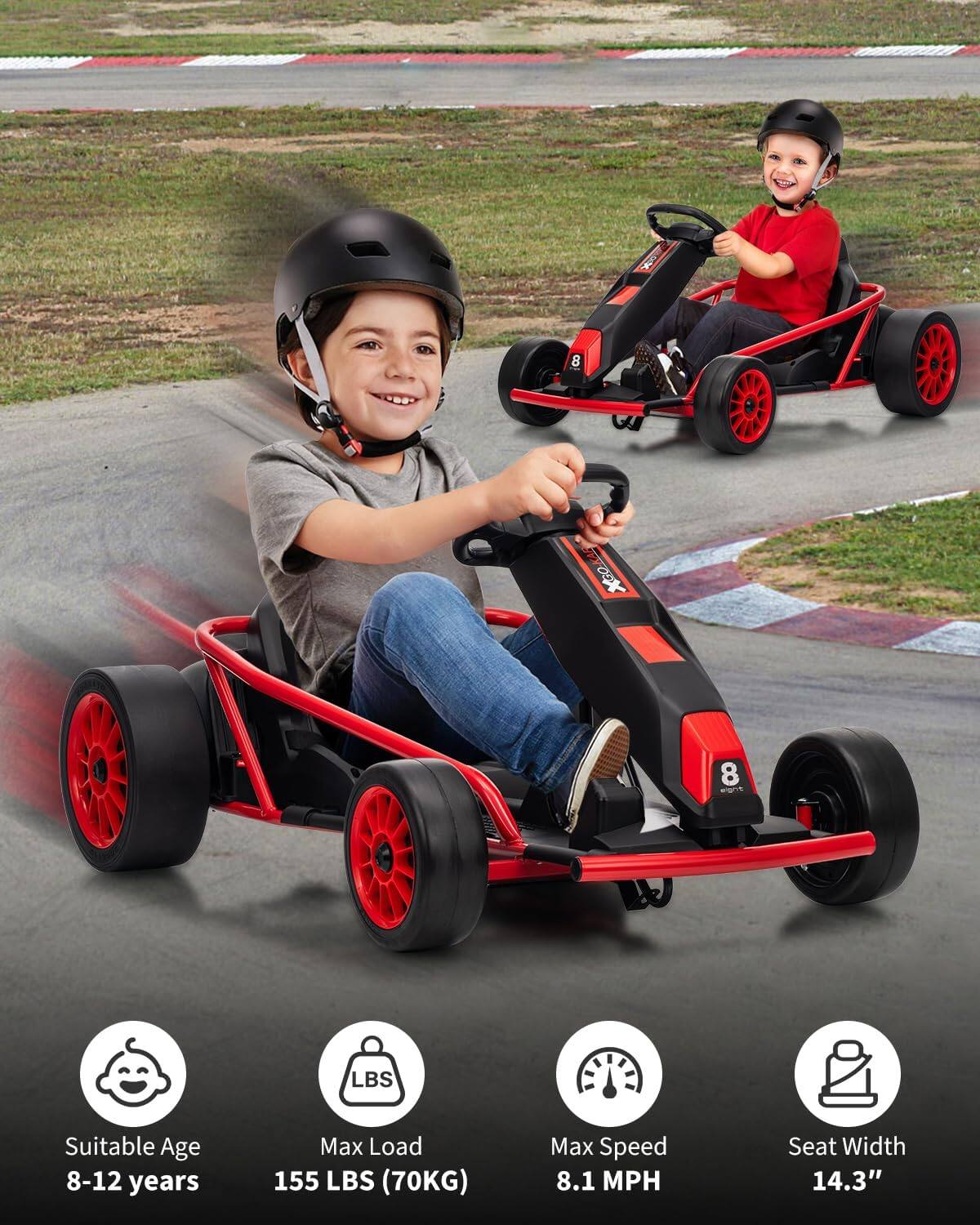 8 XOA 8  
Weight: 8 lbs  
Suitable Age: 8-12 years  
Max Load: 155 lbs (70 kg)  
Max Speed: 8.1 mph  
Seat Width: 14.3"