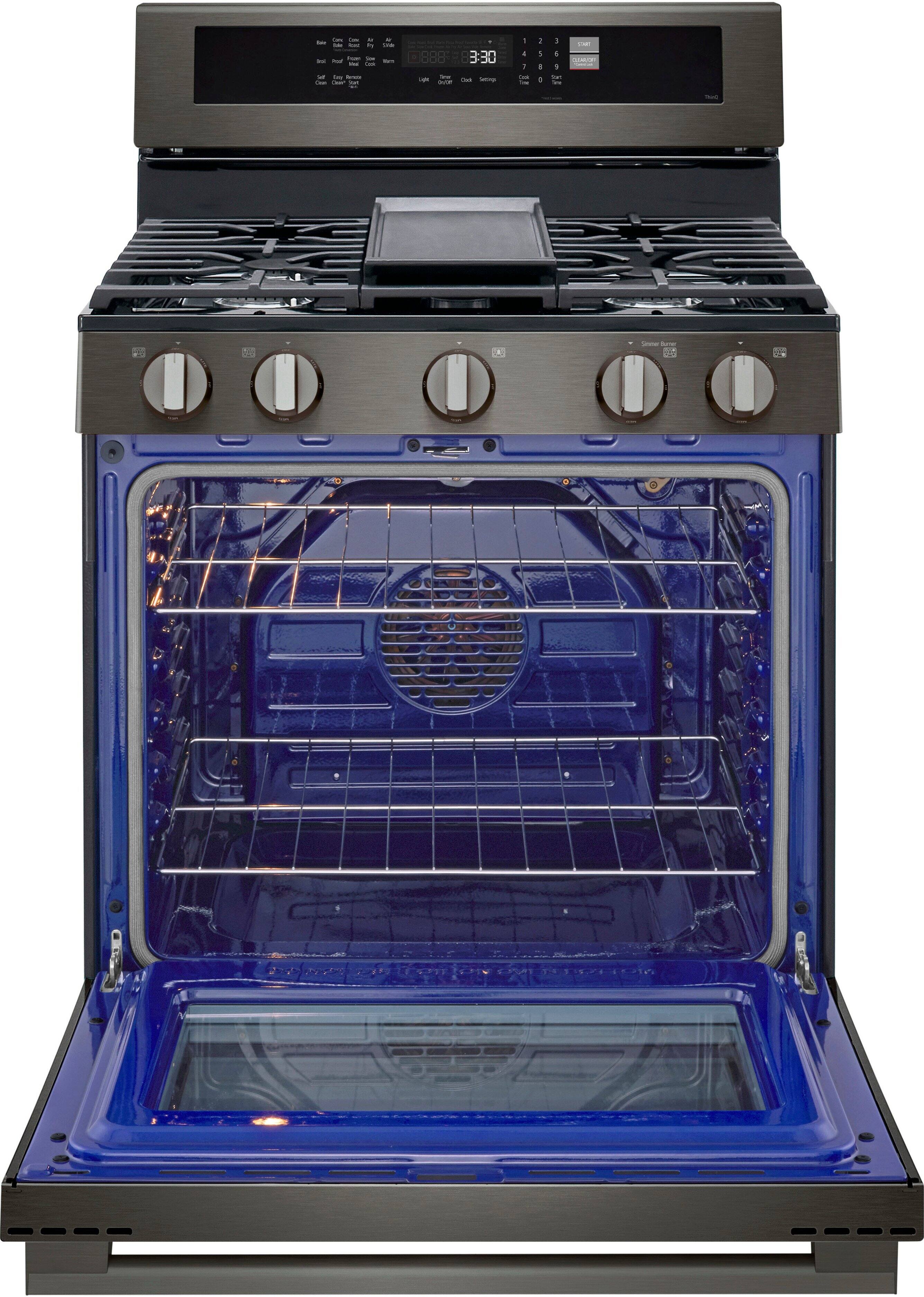 The oven is blue and has a glass door. The oven is empty and has a timer that shows 3:30.