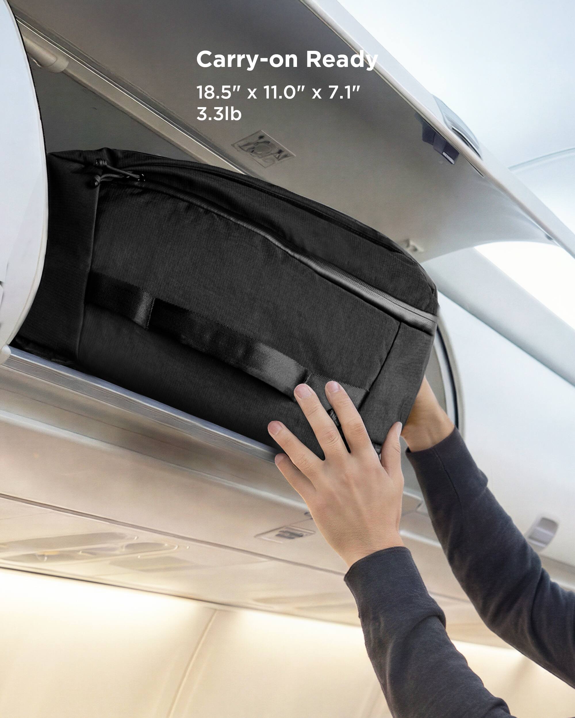 Carry-on Ready  
18.5" x 11.0" x 7.1"  
3.3lb