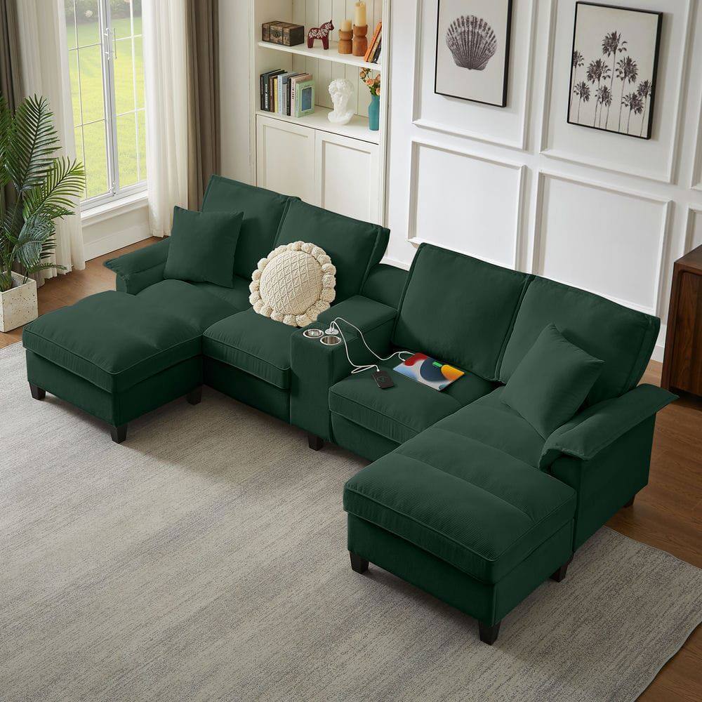 Alt View 4. Kadyn - 120" U-Shaped Sectional Sofa Bed, 4-Seater Corduroy with Storage and Built-In Cup Holders, Green - Green.