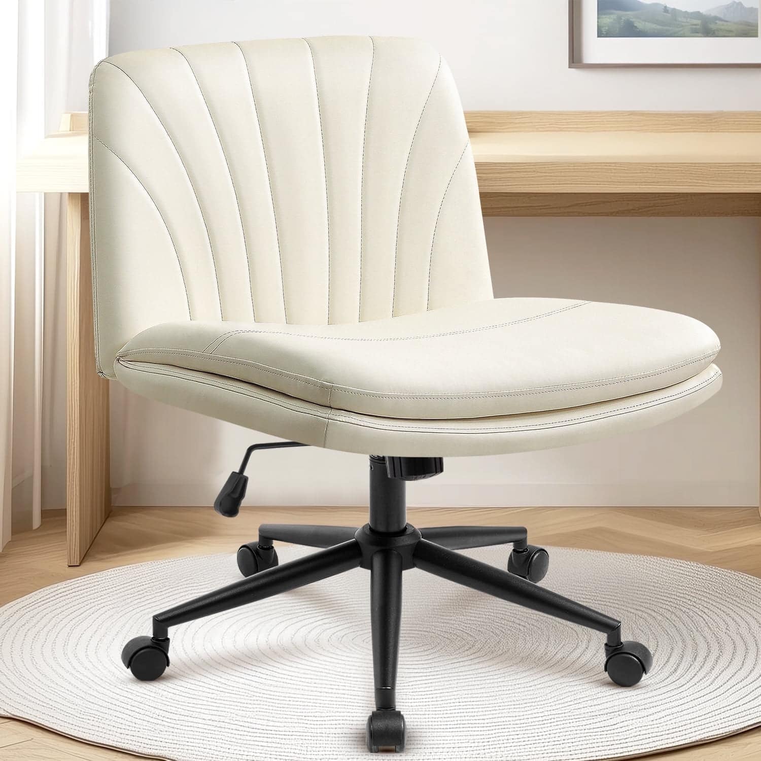 Neo Chair - Criss Cross Chair with Wheels Armless Cross Legged Office Desk Comfy PU Leather Vanity Makeup Chair Rolling Home Office - Leather-Ivory price history on PriceWatchPro