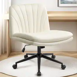 Neo Chair - Criss Cross Chair with Wheels, Armless Cross-Legged Office Desk Chair, PU Leather Rolling Vanity Chair for Home Office - Leather-Ivory