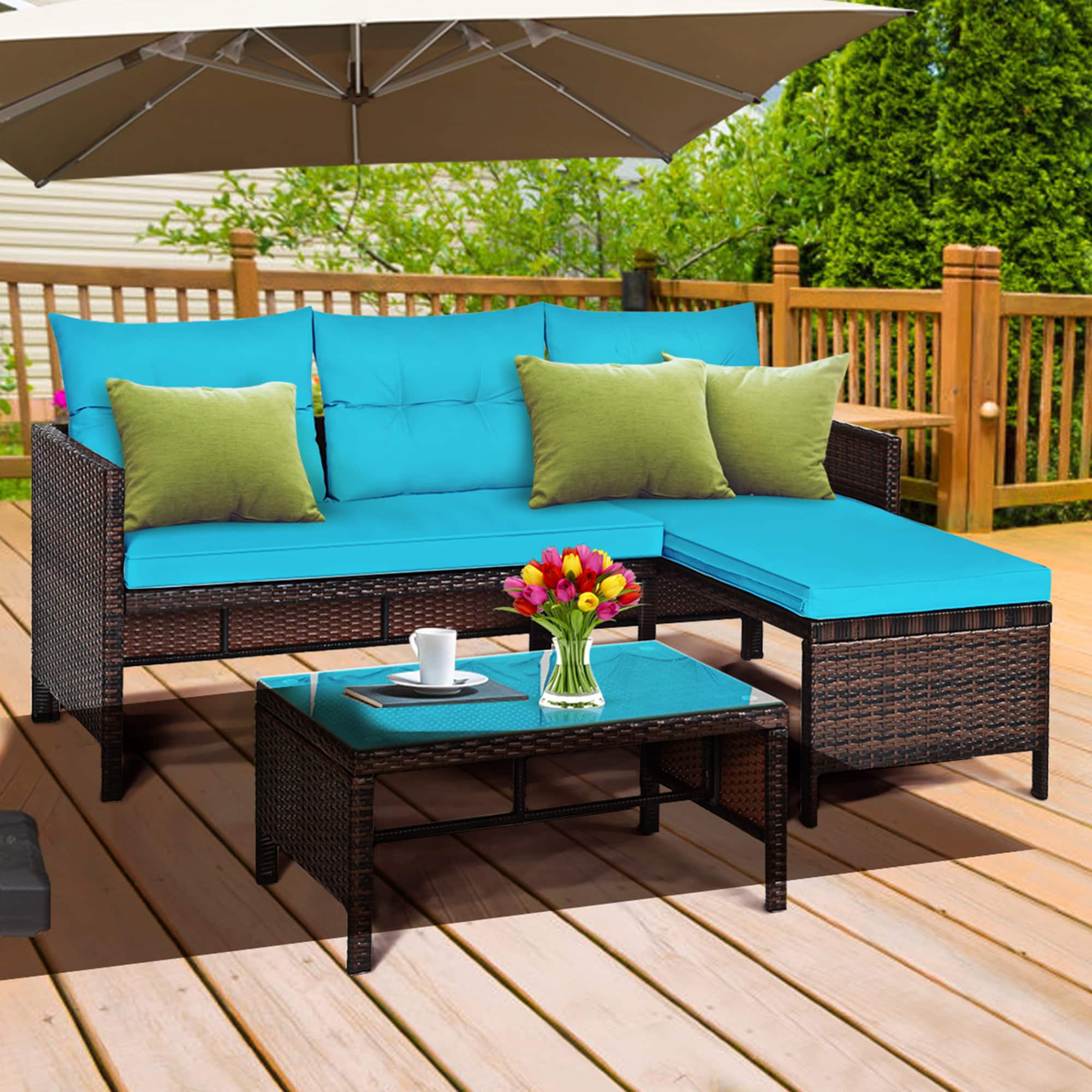 Gymax - 3PCS Outdoor Rattan Furniture Set Patio Couch Sofa Set w/ Turquoise Cushion - as pic price history on PriceWatchPro