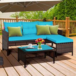 Gymax - 3PCS Outdoor Rattan Furniture Set Patio Couch Sofa Set w/ Turquoise Cushion - as pic