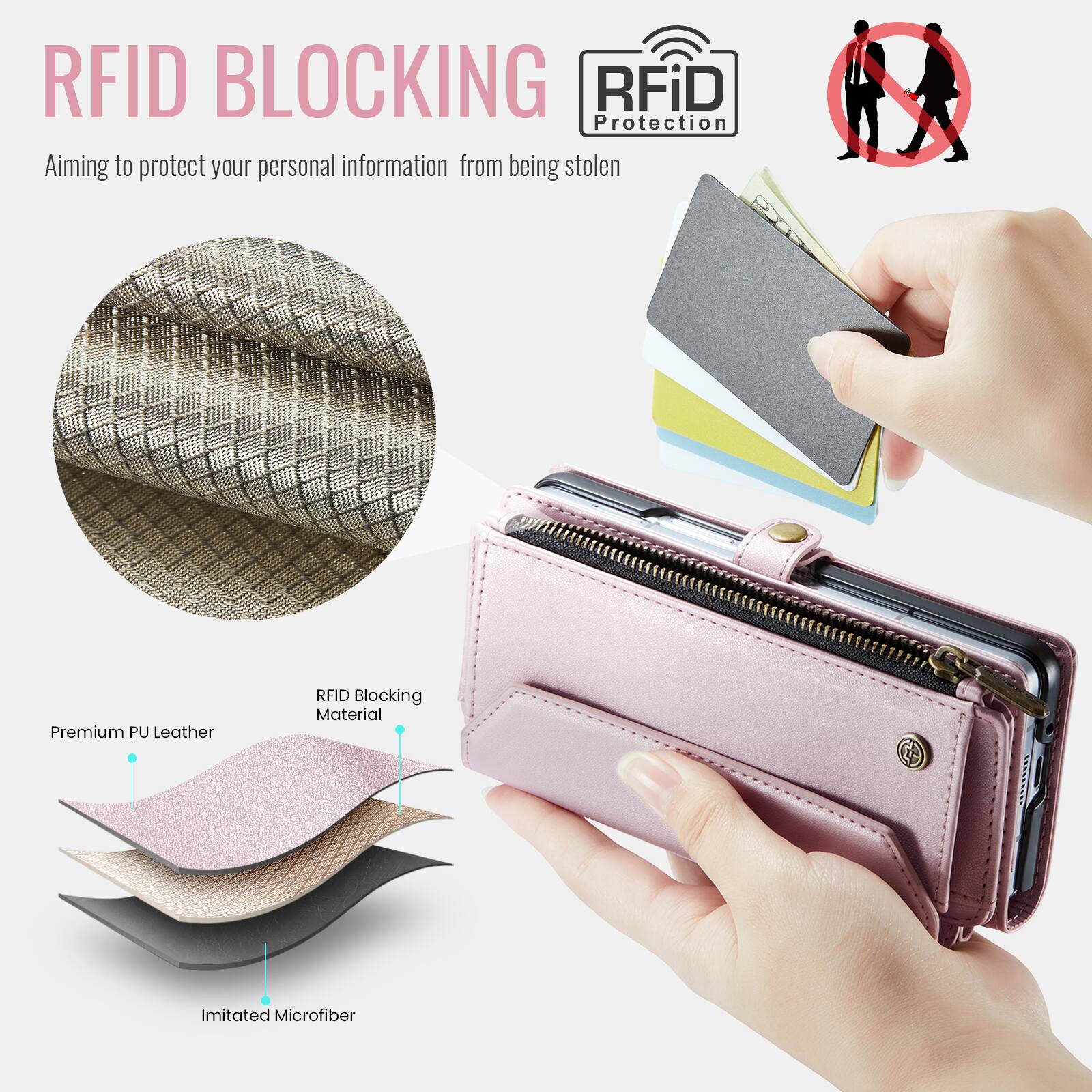 RFID BLOCKING  
Aiming to protect your personal information from being stolen  

RFiD Protection  

Premium PU Leather RFID Blocking Material  
Imitated Microfiber