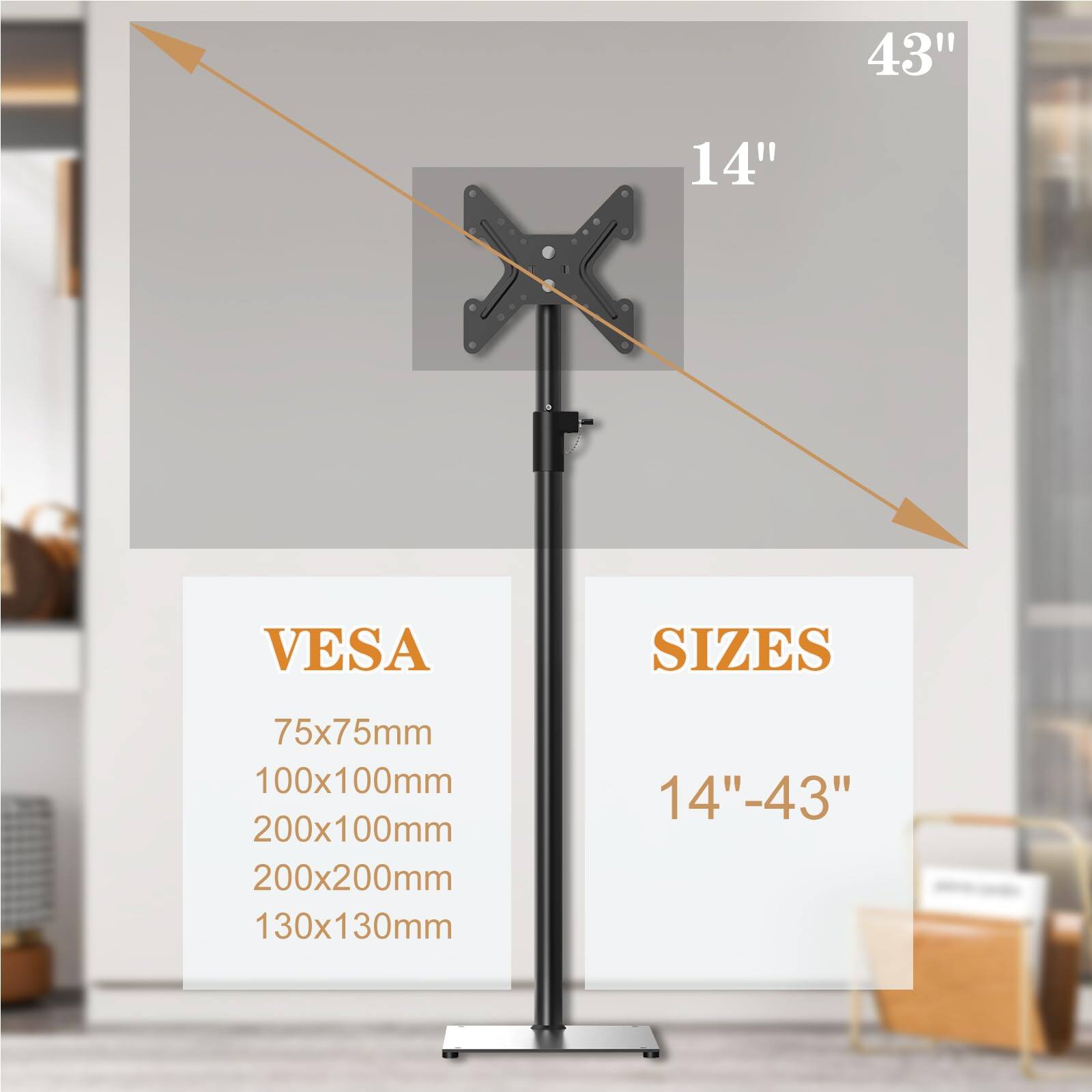 Sure, here is the corrected and grouped text from the image:

---

**VESPA**

- 75x75mm
- 100x100mm
- 200x100mm
- 200x200mm
- 130x130mm

**SIZES**

- 14" - 43"

---

**Dimensions:**

- 43"
- 14"

---