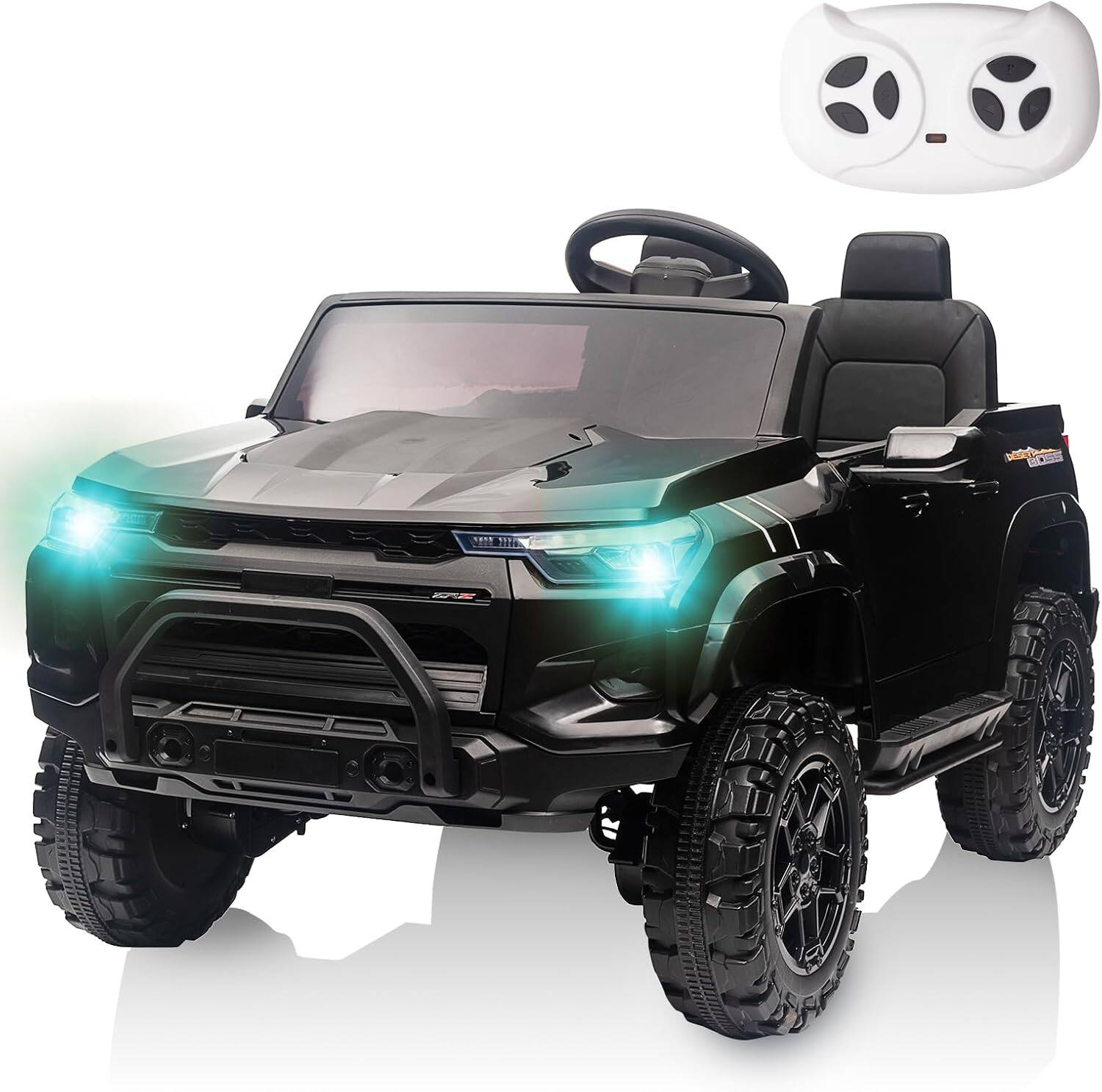 Front. Acekool - 24V Kids Ride On Truck Car with Remote Control, Two Seater, LED Lights, MP3, Bluetooth, Spring Suspension, Black - Black.