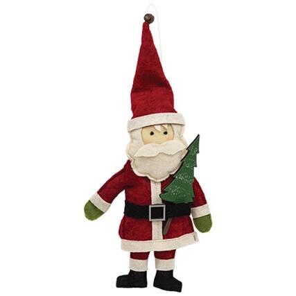 Front. BreeBe - Stuffed Felt Santa with Christmas Tree Ornament - Red.