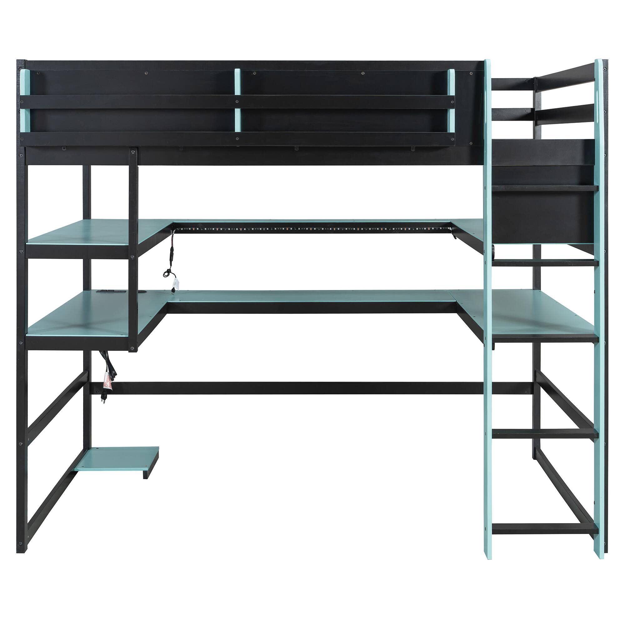Alt View 3. Anysun - Full Size Wood Loft Bed with Desk,Side storage rack,Multi-storage Shelves and RGB Light - Blue.